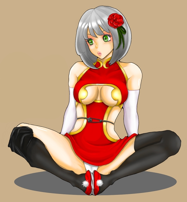 otama (umbilicalcord), original, silver hair, bad id, bad pixiv id, elbow gloves, flower, gloves, green eyes, hair flower, hair ornament, panties, pantyshot, simple background, sitting, solo, thighhighs, underwear