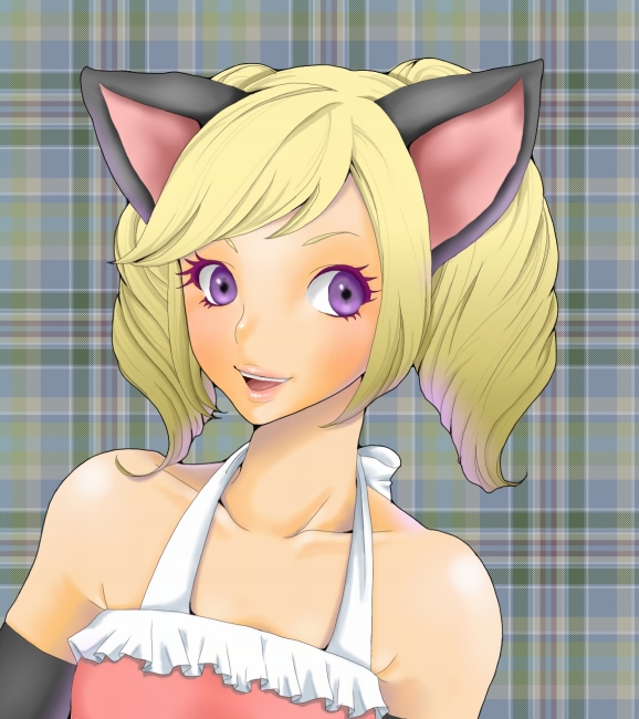 otama (umbilicalcord), animal ears, bare shoulders, blonde hair, blush, drill hair, purple eyes, solo