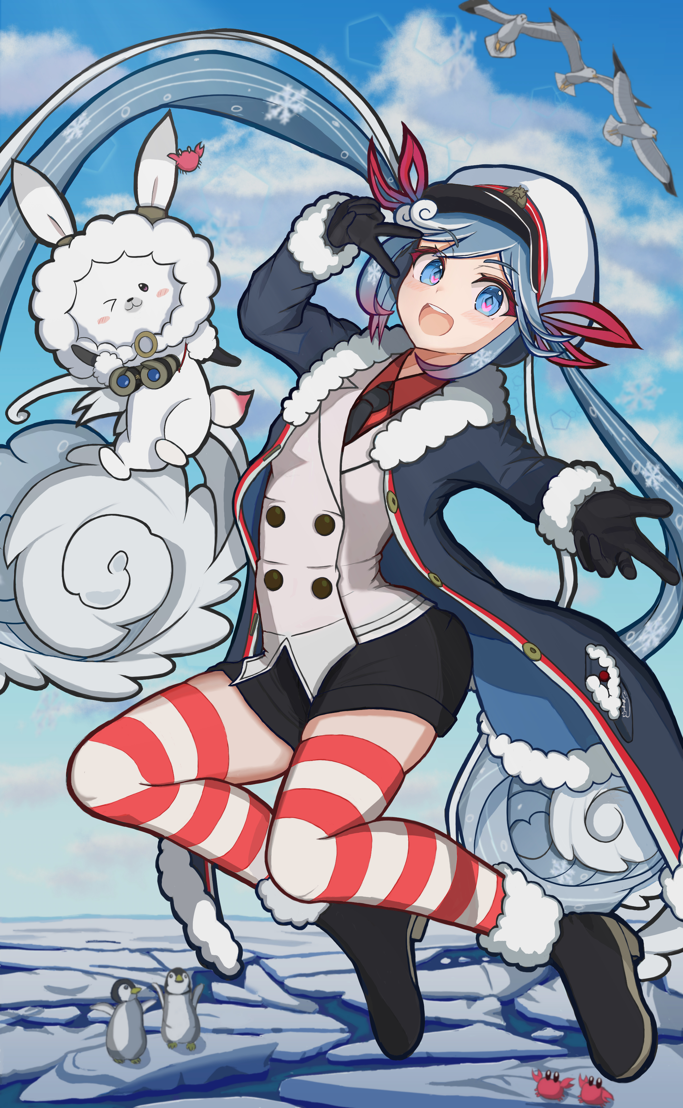 filkia, hatsune miku, rabbit yukine, yuki miku, yuki miku (2022), vocaloid, absurdres, commentary, highres, > o, 1girl, 1other, aqua eyes, aqua hair, arm up, binoculars, bird, black coat, black gloves, black necktie, black shorts, blush, coat, collared shirt, crab, fish, fur-trimmed coat, fur-trimmed sleeves, fur trim, gloves, gradient hair, hair between eyes, hair ornament, hair ribbon, hat, holding, holding binoculars, jacket, jumping, long hair, long sleeves, looking at viewer, multicolored hair, necktie, official alternate costume, official alternate hairstyle, one eye closed, open mouth, peaked cap, penguin, rabbit, red ribbon, red shirt, ribbon, sailor hat, shirt, short shorts, shorts, signature, striped clothes, striped thighhighs, thighhighs, twintails, very long hair, white hair, white jacket, zettai ryouiki