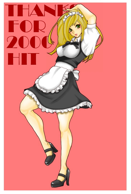 otama (umbilicalcord), blonde hair, green eyes, high heels, long hair, maid, milestone celebration, solo