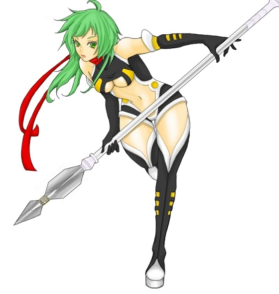 otama (umbilicalcord), elbow gloves, gloves, green eyes, green hair, polearm, scarf, solo, spear, thighhighs, weapon