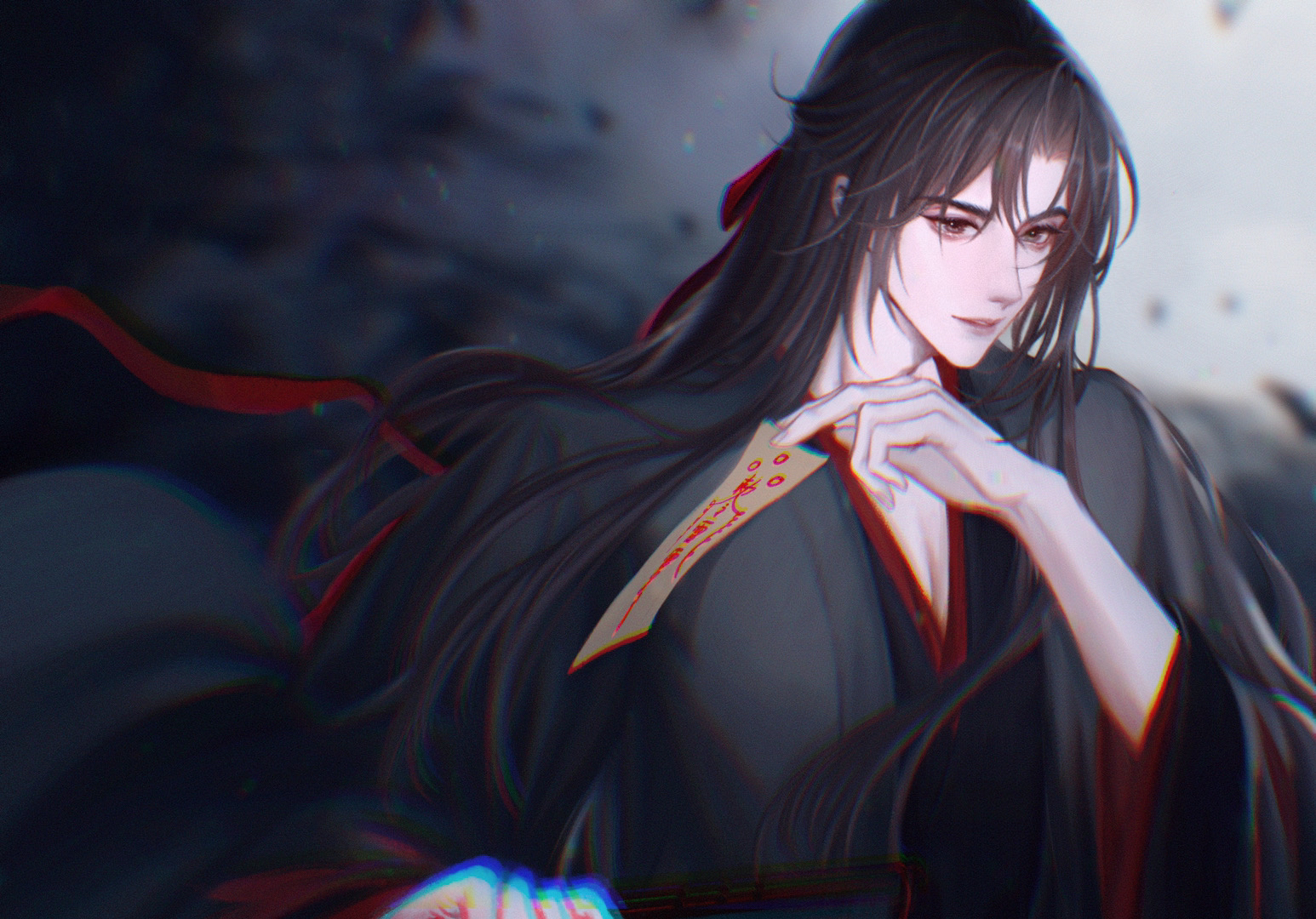 wei wuxian, wei wuxian (yiling laozu), modao zushi, 1boy, 2573173513, aura, between fingers, bishounen, black hair, black hanfu, black smoke, blurry, blurry background, brown eyes, chinese clothes, chromatic aberration, coat, floating hair, grey coat, hair down, hair ribbon, half updo, hand up, hanfu, holding, holding ofuda, long hair, long sleeves, male focus, official alternate costume, official alternate hairstyle, ofuda, ofuda between fingers, open clothes, open coat, parted lips, red ribbon, ribbon, robe, sidelocks, smile, solo, upper body, wide sleeves