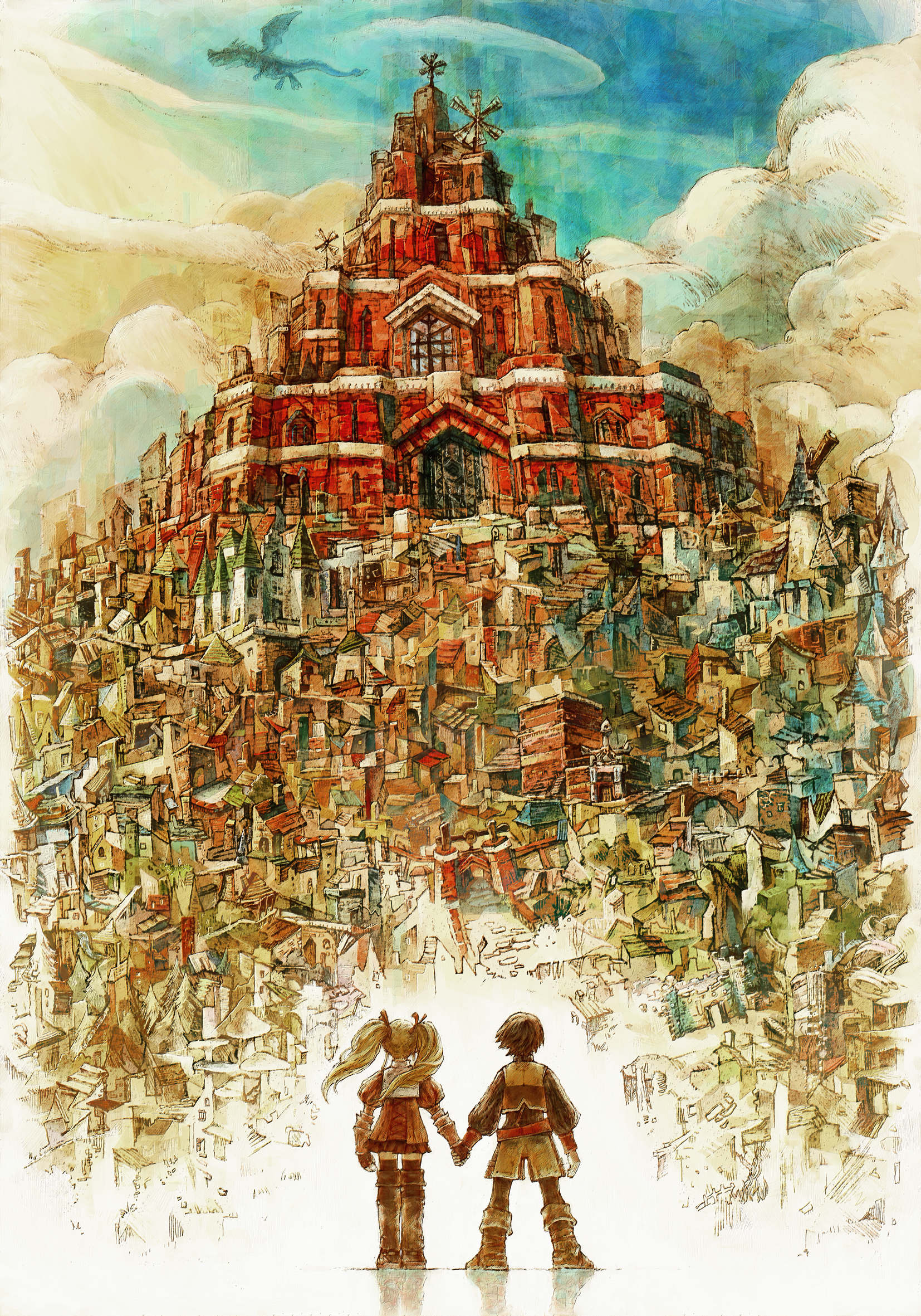 jack russell, ridley timberlake, radiata stories, highres, 1boy, 1girl, belt, blonde hair, boots, bridge, brown hair, castle, church, cityscape, cloud, dragon, from behind, gauntlets, hetero, holding hands, miniskirt, mushroom, pantyhose, red ribbon, reflection, ribbon, scenery, shorts, skirt, telescope, thighhighs, tree, twintails, vest, windmill