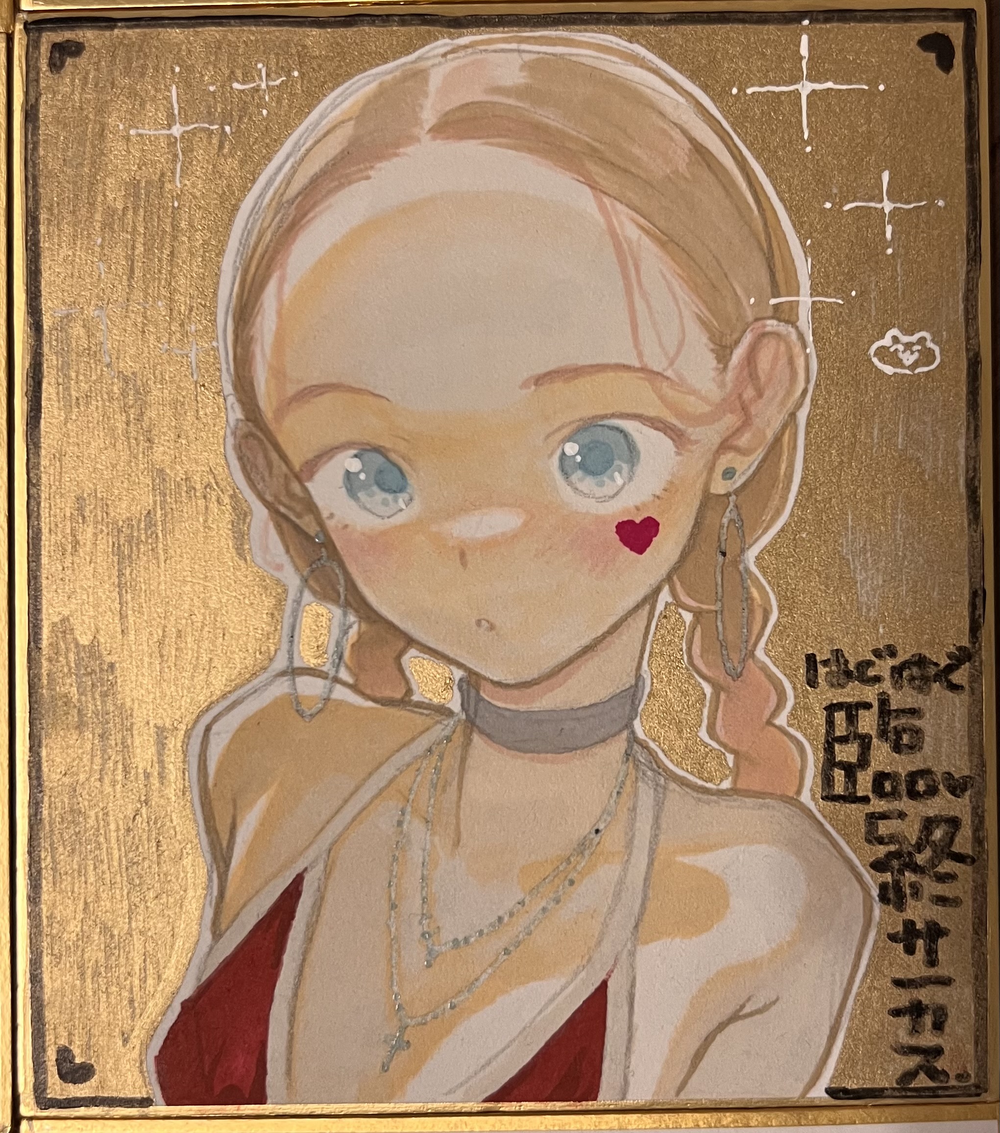 haguhagu (rinjuu circus), sasha (haguhagu), original, highres, photo (medium), traditional media, 1girl, bikini, blonde hair, blue eyes, blush, braid, choker, cross, cross necklace, earrings, flat chest, forehead, hoop earrings, jewelry, long hair, looking at viewer, necklace, shikishi, solo, swimsuit, twin braids, upper body