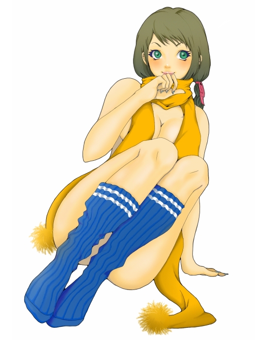 otama (umbilicalcord), 1girl, blush, breasts, cleavage, female focus, green eyes, green hair, matching hair/eyes, naked scarf, no shoes, nude, scarf, simple background, socks, solo, white background
