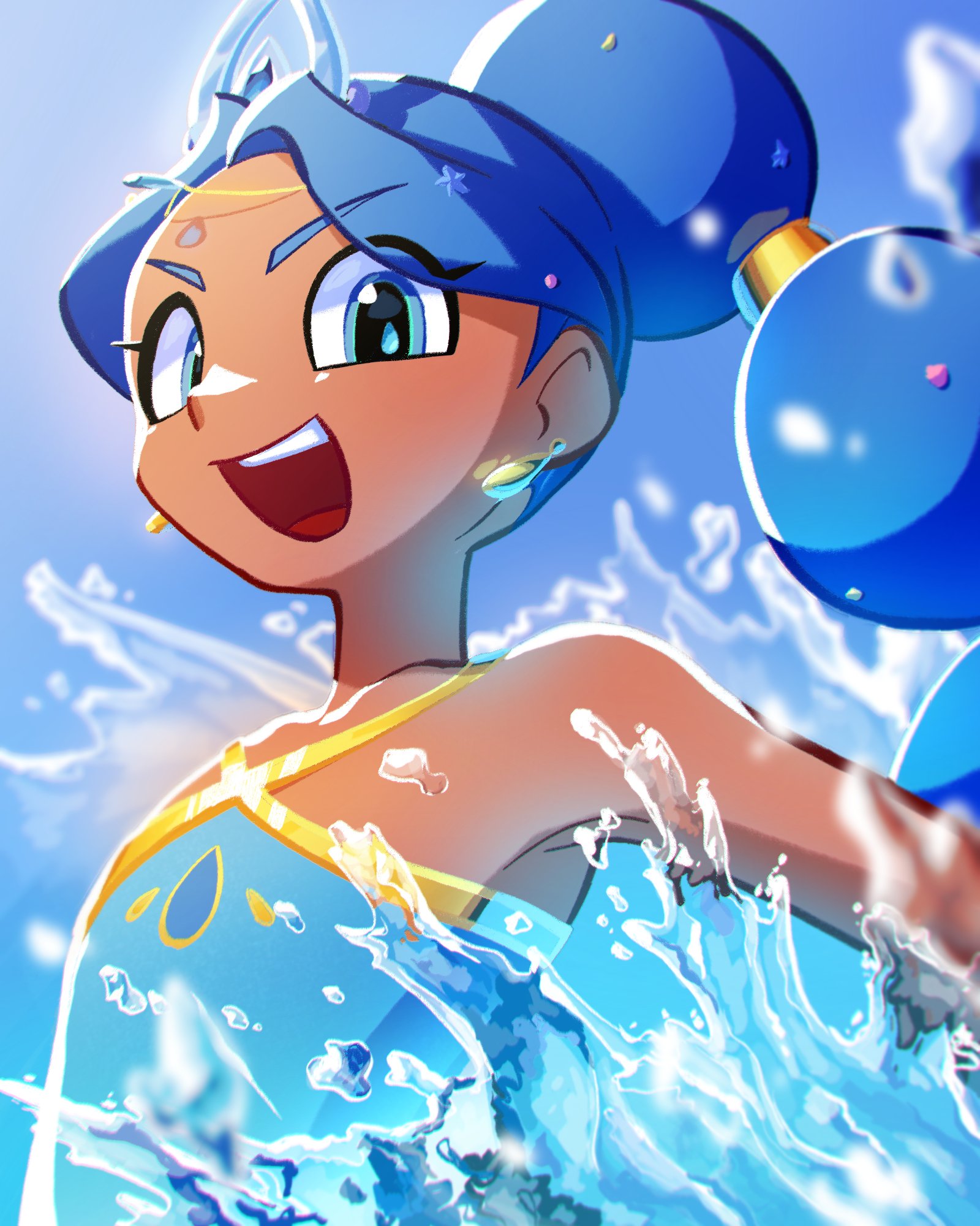 blue sapphire (rainbow bubblegem), rainbow bubblegem, commentary request, highres, korean commentary, 1girl, blue eyes, blue hair, dark-skinned female, dark skin, day, earrings, jewelry, long hair, looking at viewer, open mouth, outdoors, smile, solo, splashing, symbol in eye, teeth, upper body, upper teeth only, water, yellowmybabe