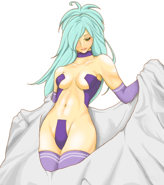 otama (umbilicalcord), bad id, bad pixiv id, 1girl, aqua hair, bed sheet, blush, breasts, c-string, choker, female focus, green eyes, green hair, hair over one eye, large breasts, long hair, maebari, matching hair/eyes, simple background, solo, standing, strapless bottom, thighhighs, white background