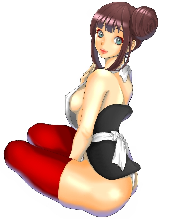 otama (umbilicalcord), bad id, bad pixiv id, 1girl, :3, ass, back, blue eyes, blush, breasts, brown hair, female focus, hair bun, medium breasts, sideboob, single hair bun, sitting, smile, solo, thighhighs