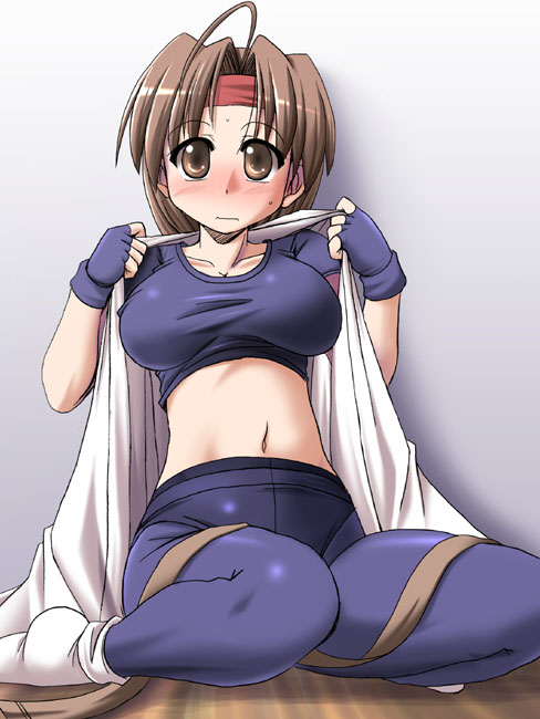 tonpuu, yuri sakazaki, ryuuko no ken, snk, the king of fighters, 1girl, blush, breasts, brown eyes, brown hair, dougi, embarrassed, female focus, fingerless gloves, gloves, headband, large breasts, long hair, midriff, navel, open clothes, open shirt, sash, shirt, sitting, socks, solo, spandex, undressing, very long hair