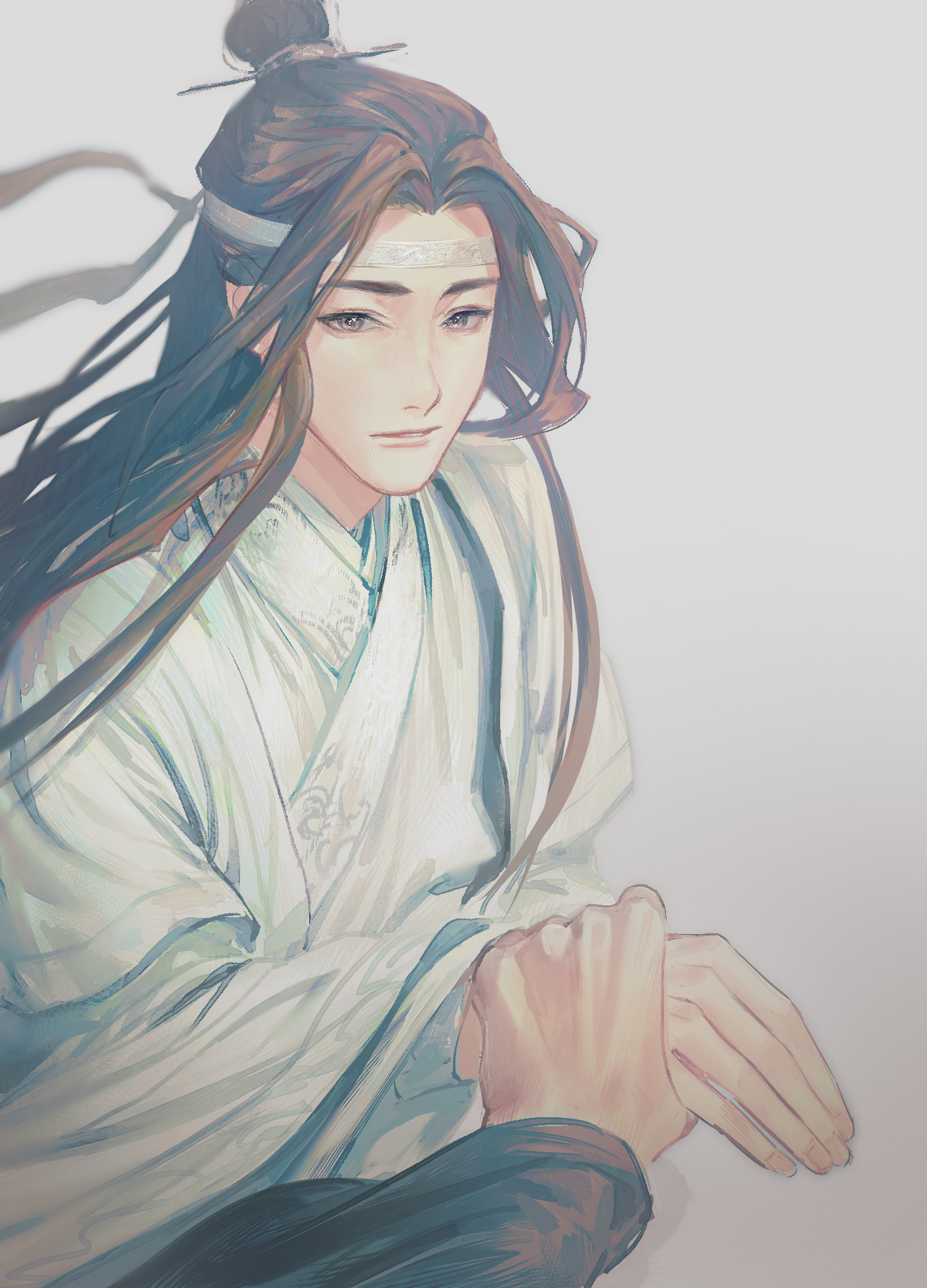 kkia, lan wangji, wei wuxian, modao zushi, highres, 2boys, black hair, black hanfu, brown hair, chinese clothes, closed mouth, grey background, hanfu, headband, holding hands, long hair, long sleeves, looking at viewer, male focus, multiple boys, out of frame, parted lips, pov, pov hands, robe, simple background, smile, solo focus, topknot, upper body, white background, white hanfu, white headband, wide sleeves, xiao guan (headdress), yaoi, yellow eyes