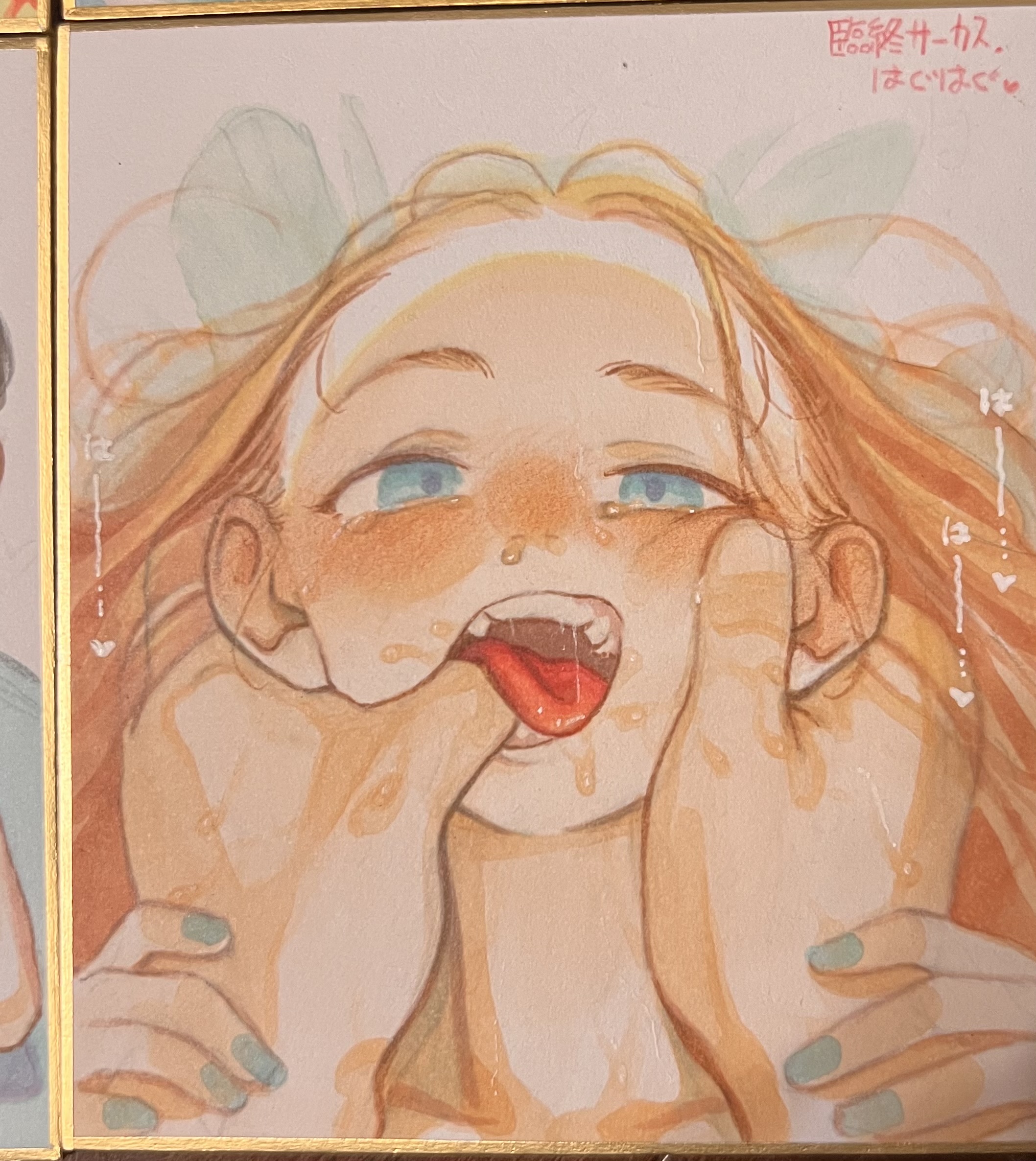 haguhagu (rinjuu circus), sasha (haguhagu), original, highres, photo (medium), traditional media, 1boy, 1girl, blonde hair, blue eyes, finger in another's mouth, futoshi (haguhagu), grabbing another's head, long hair, looking at viewer, open mouth, pov, saliva, shikishi, solo focus, sweat, teeth, tongue, upper body