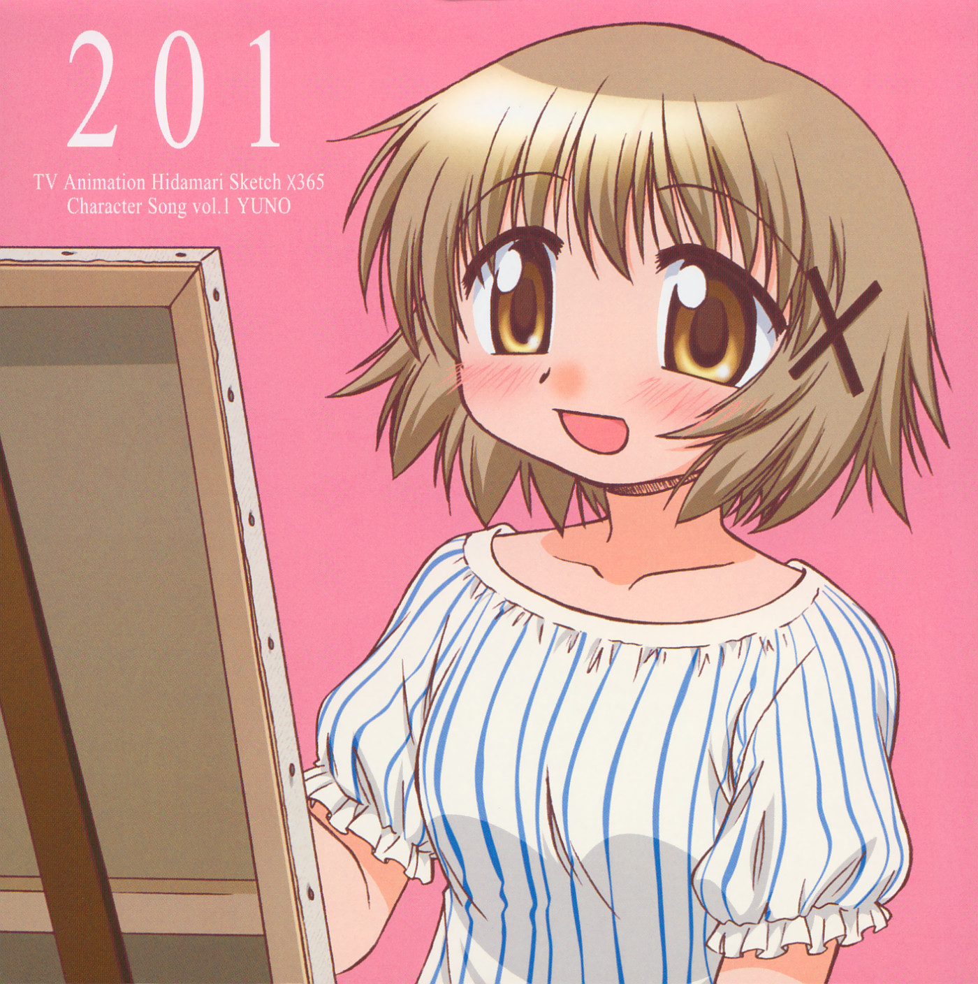 yuno (hidamari sketch), hidamari sketch, highres, non-web source, official art, scan, 00s, 1girl, album cover, blush, brown eyes, brown hair, character single, cover, easel, female focus, hair ornament, open mouth, paint, short hair, solo