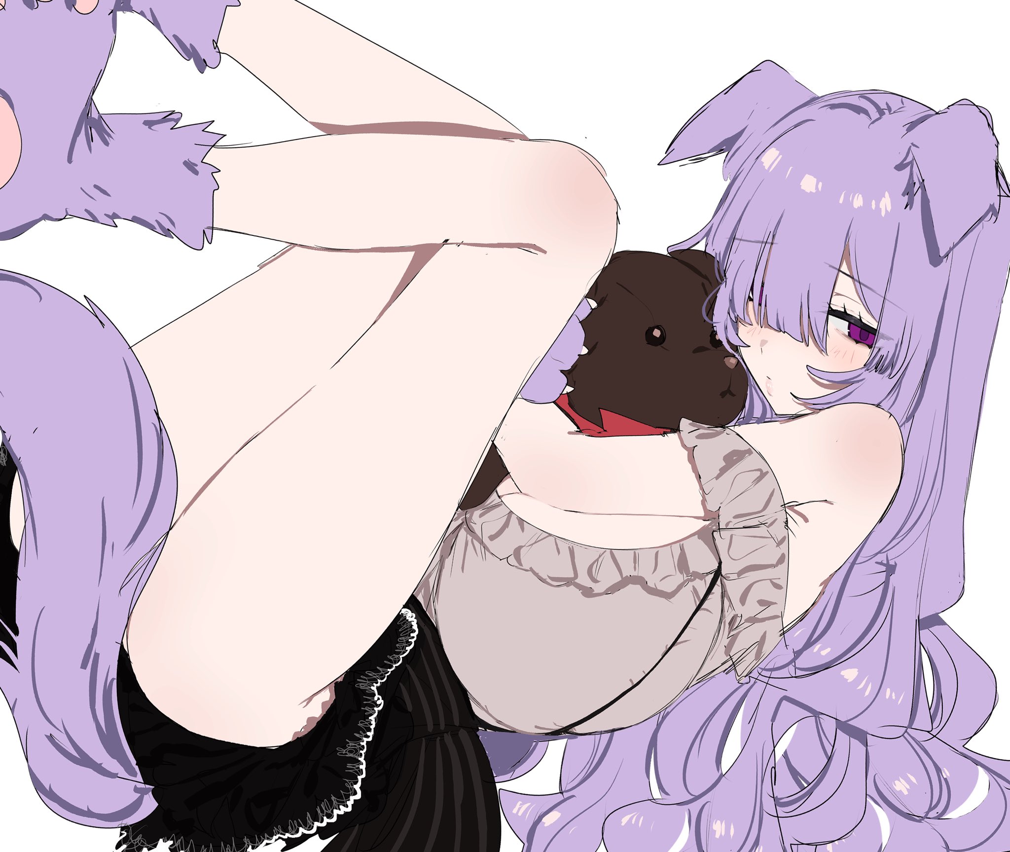 eurasia (wtp09ptw14), francoise (eurasia), original, commentary, highres, 1girl, animal ears, animal feet, animal hands, bare legs, bare shoulders, blunt bangs, breasts, brown shirt, closed mouth, dog ears, dog girl, dog tail, feet out of frame, floppy ears, frilled shirt, frills, furrowed brow, hair over one eye, holding, holding stuffed toy, huge breasts, kemonomimi mode, legs up, long bangs, long hair, lying, off-shoulder shirt, off shoulder, on back, purple eyes, purple fur, purple hair, purple tail, shirt, simple background, solo, stuffed animal, stuffed dog, stuffed toy, tail, white background