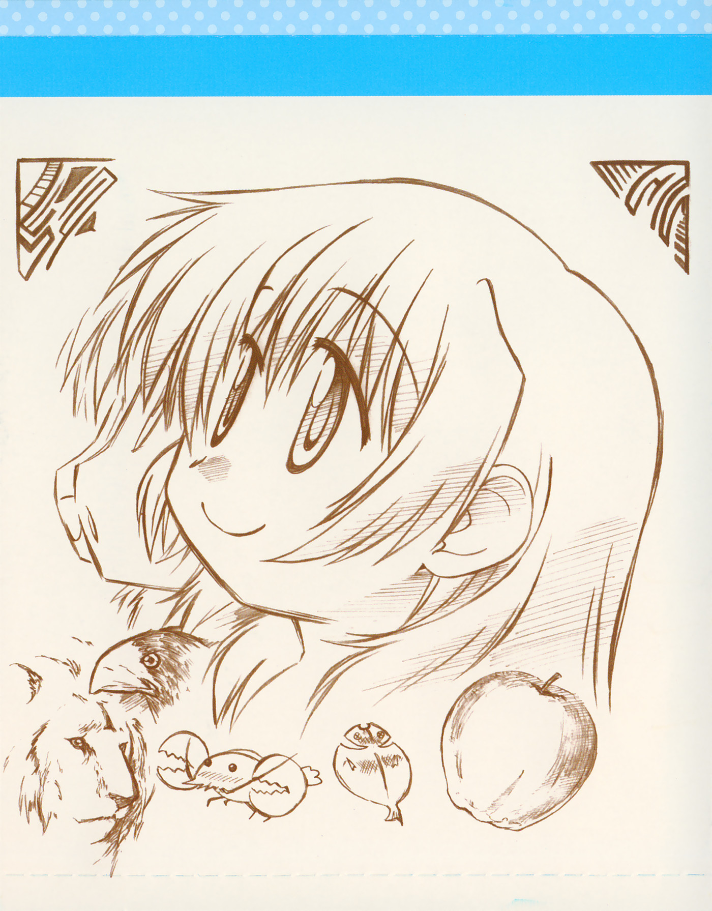 miyako (hidamari sketch), hidamari sketch, highres, non-web source, official art, scan, 00s, 1girl, apple, bird, brown theme, crab, crustacean, female focus, fish, fish (food), food, fruit, lion, monochrome, sketch, solo