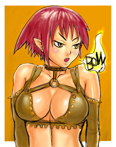 itou eito, lowres, 1girl, blush, breasts, cleavage, female focus, large breasts, orange eyes, pointy ears, red hair, short hair, solo