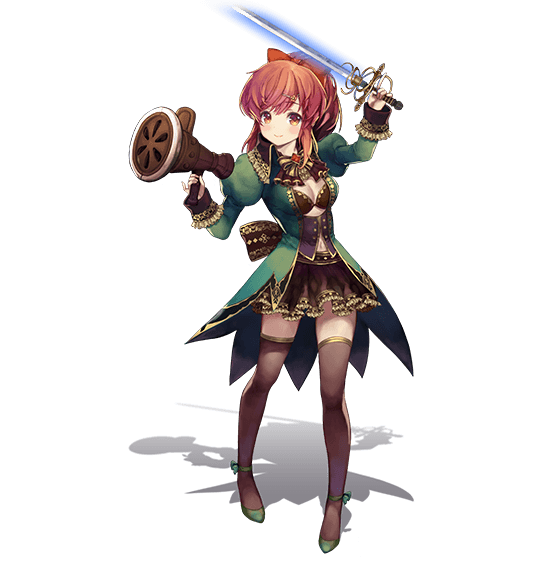 sakurai akane (girlfriend (kari)), girlfriend (kari), tenkuu no crystalia, artist request, official art, 1girl, black skirt, blue eyes, bow, brown hair, coat, dual wielding, green coat, green shoes, hair bow, holding, looking at viewer, open clothes, open coat, red bow, shoes, skirt, smile, sword, transparent background, weapon