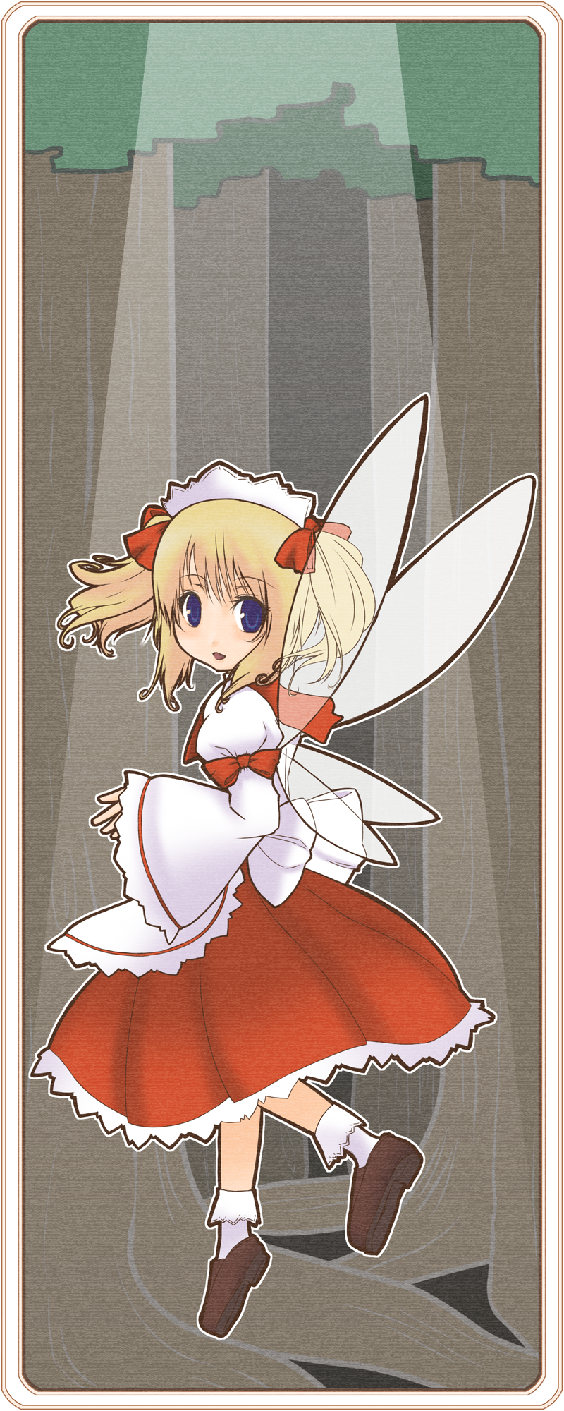 suzuya wataru, sunny milk, eastern and little nature deity, touhou, highres, 1girl, blonde hair, female focus, full body, hat, outdoors, plant, ribbon, short hair, solo, tree, wings