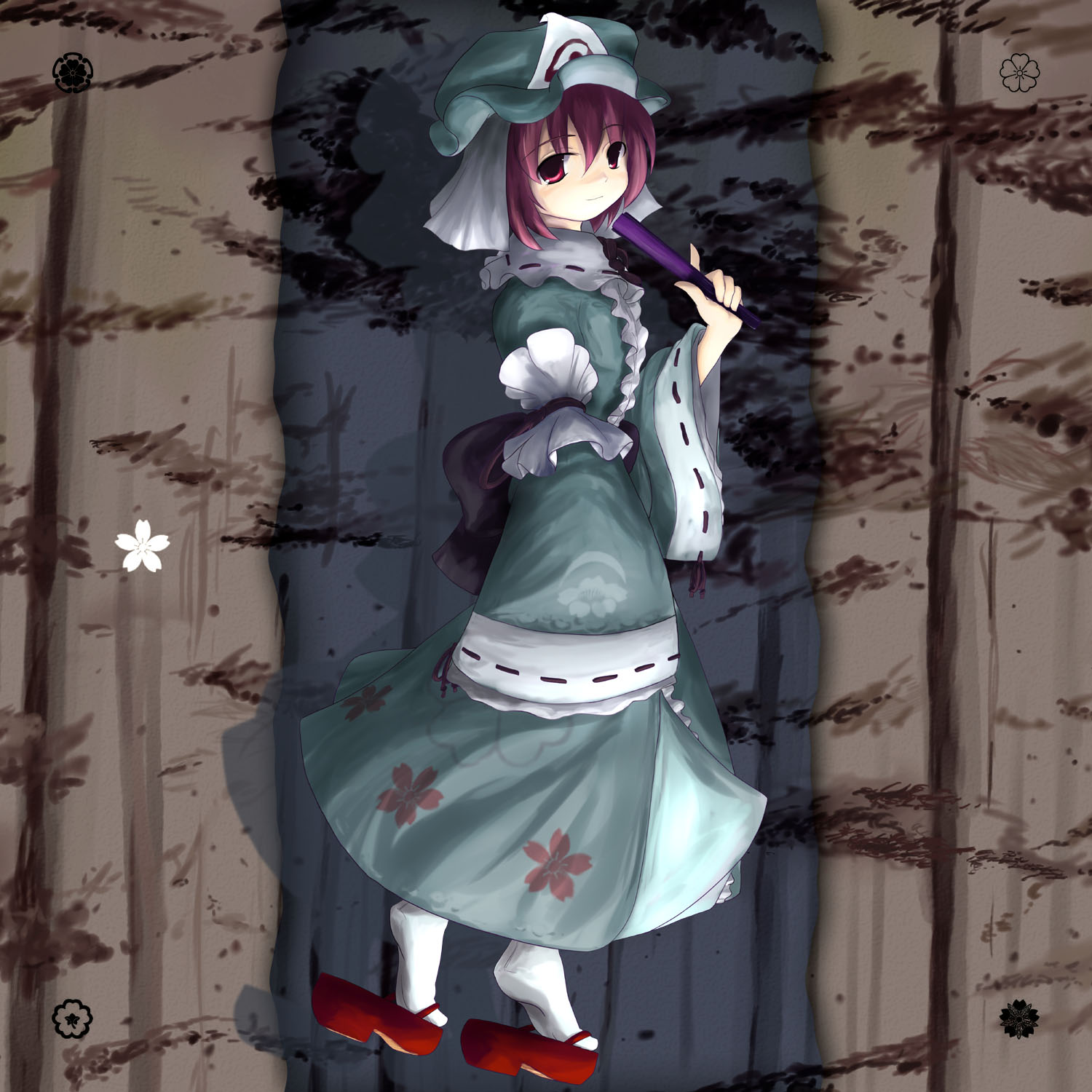 tsubasa (abchipika), saigyouji yuyuko, touhou, highres, 1girl, female focus, folded fan, folding fan, hand fan, hat, japanese clothes, kimono, pink hair, ribbon, short hair, solo