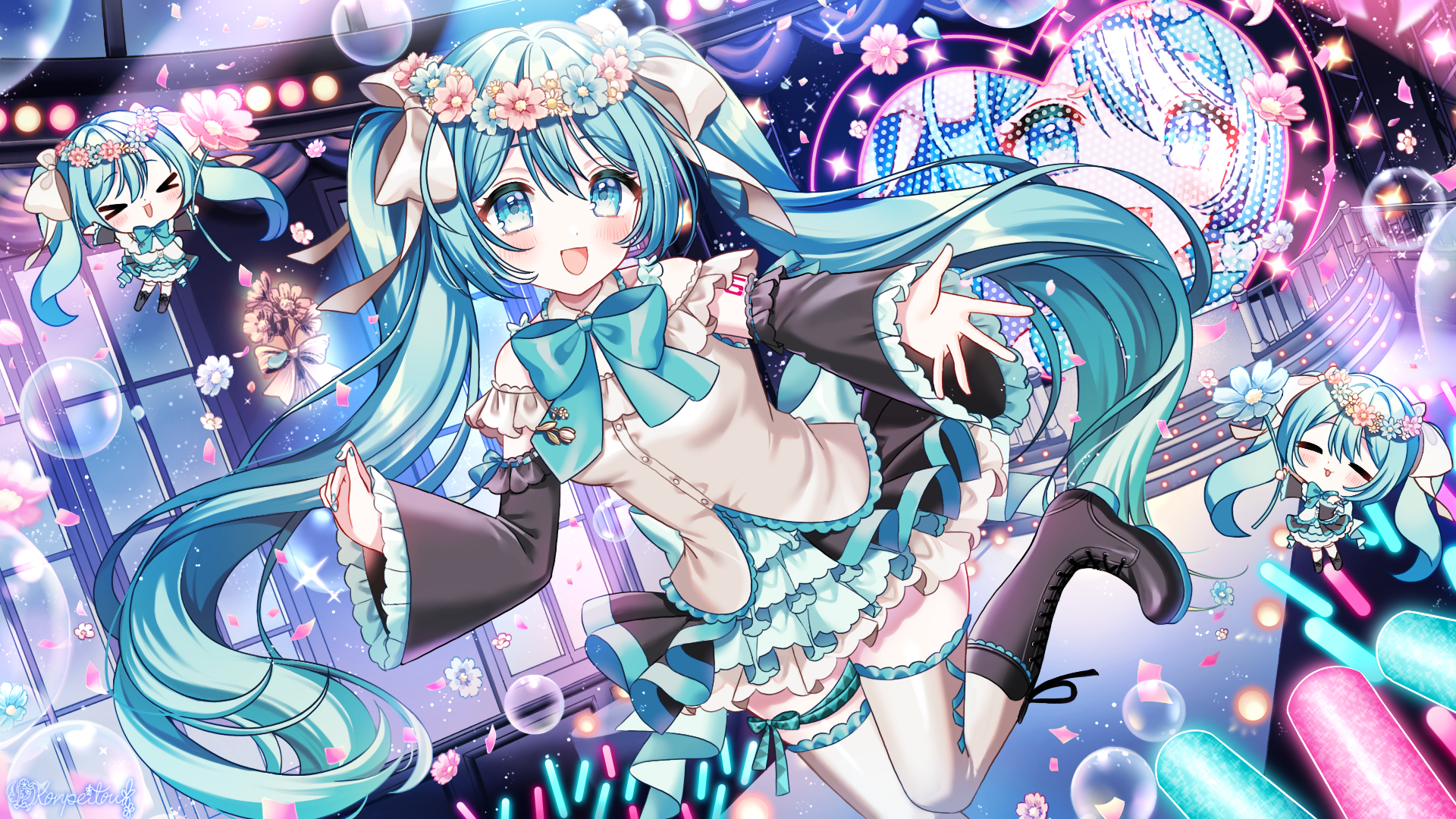 kompeitou (lemon garden), hatsune miku, vocaloid, highres, > <, 3girls, aqua eyes, aqua hair, aqua nails, aqua trim, arm tattoo, black boots, blue flower, blush, boots, bow, breasts, chibi, detached sleeves, flower, hair between eyes, hair bow, hair flower, hair ornament, indoors, long hair, long sleeves, looking at viewer, medium breasts, multiple girls, number tattoo, open mouth, pink flower, shirt, smile, standing, standing on one leg, tattoo, thighhighs, twintails, very long hair, white shirt, white thighhighs, wide sleeves