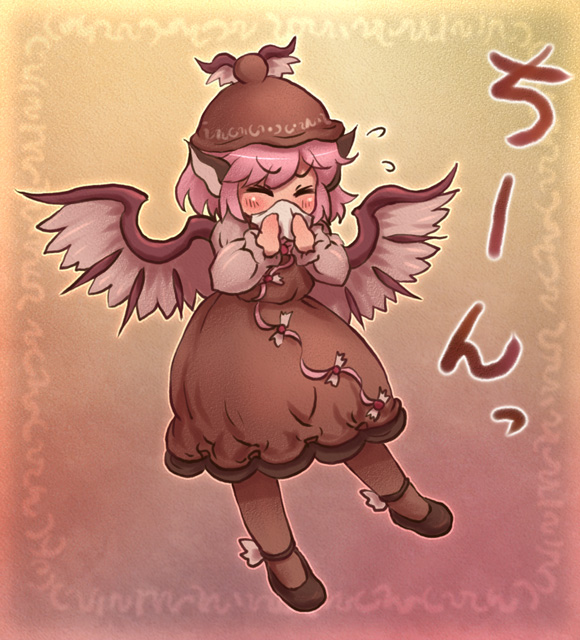 sankuma, mystia lorelei, touhou, 1girl, female focus, full body, gradient background, hat, pink hair, short hair, sneezing, solo, wings