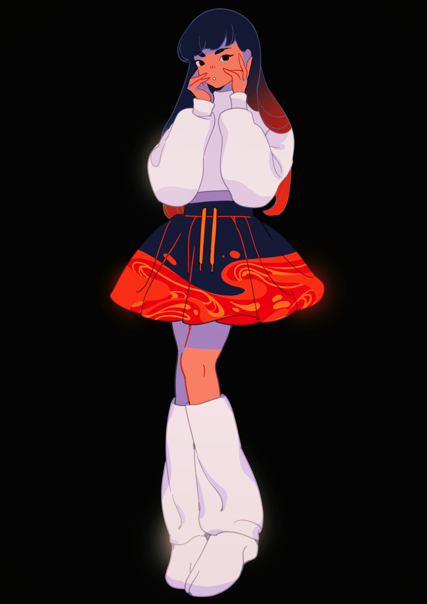 meyoco, original, highres, 1girl, :o, black background, black eyes, blue hair, blue skirt, cropped jacket, dark-skinned female, dark skin, drawstring, full body, gradient hair, hands up, kneehighs, lava, leg warmers, limited palette, long hair, long sleeves, looking at viewer, miniskirt, multicolored hair, open mouth, print skirt, red hair, red skirt, simple background, skirt, socks, solo, standing, sweater, white leg warmers, white socks, white sweater