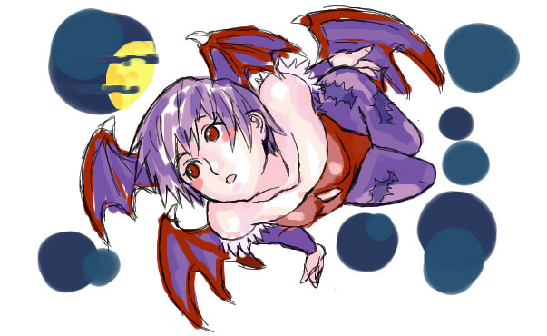 itou eito, lilith (darkstalkers), capcom, darkstalkers, 1girl, animal print, bat print, demon girl, female focus, flat chest, head wings, leotard, pantyhose, print pantyhose, purple hair, purple pantyhose, red eyes, red leotard, short hair, sketch, solo, wings