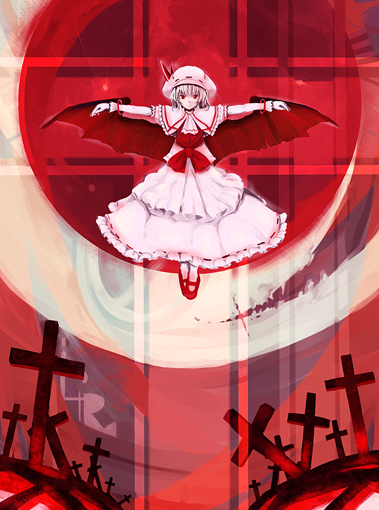 interstellar, remilia scarlet, curiosities of lotus asia, touhou, silver hair, 1girl, ascot, bat wings, bracelet, capelet, cross, dress, female focus, hat, hat ribbon, jewelry, long sleeves, red eyes, ribbon, short hair, solo, vampire, white dress, wings