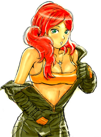 itou eito, lowres, bra, green eyes, lingerie, long hair, red hair, sports bra, underwear, undressing