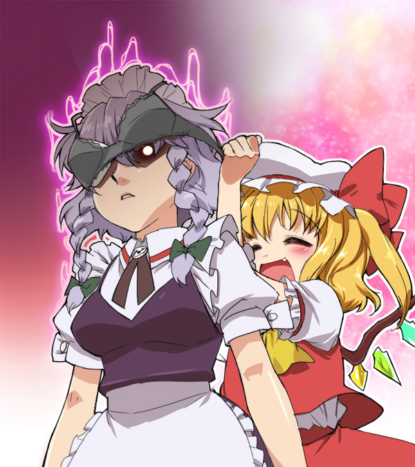 tonbi, flandre scarlet, izayoi sakuya, touhou, silver hair, bad id, bad pixiv id, 2girls, aura, blonde hair, blush, bra, bra on head, breast padding, dark aura, fang, female focus, hat, lingerie, maid, mob cap, multiple girls, object on head, ponytail, ribbon, short hair, underwear, wings
