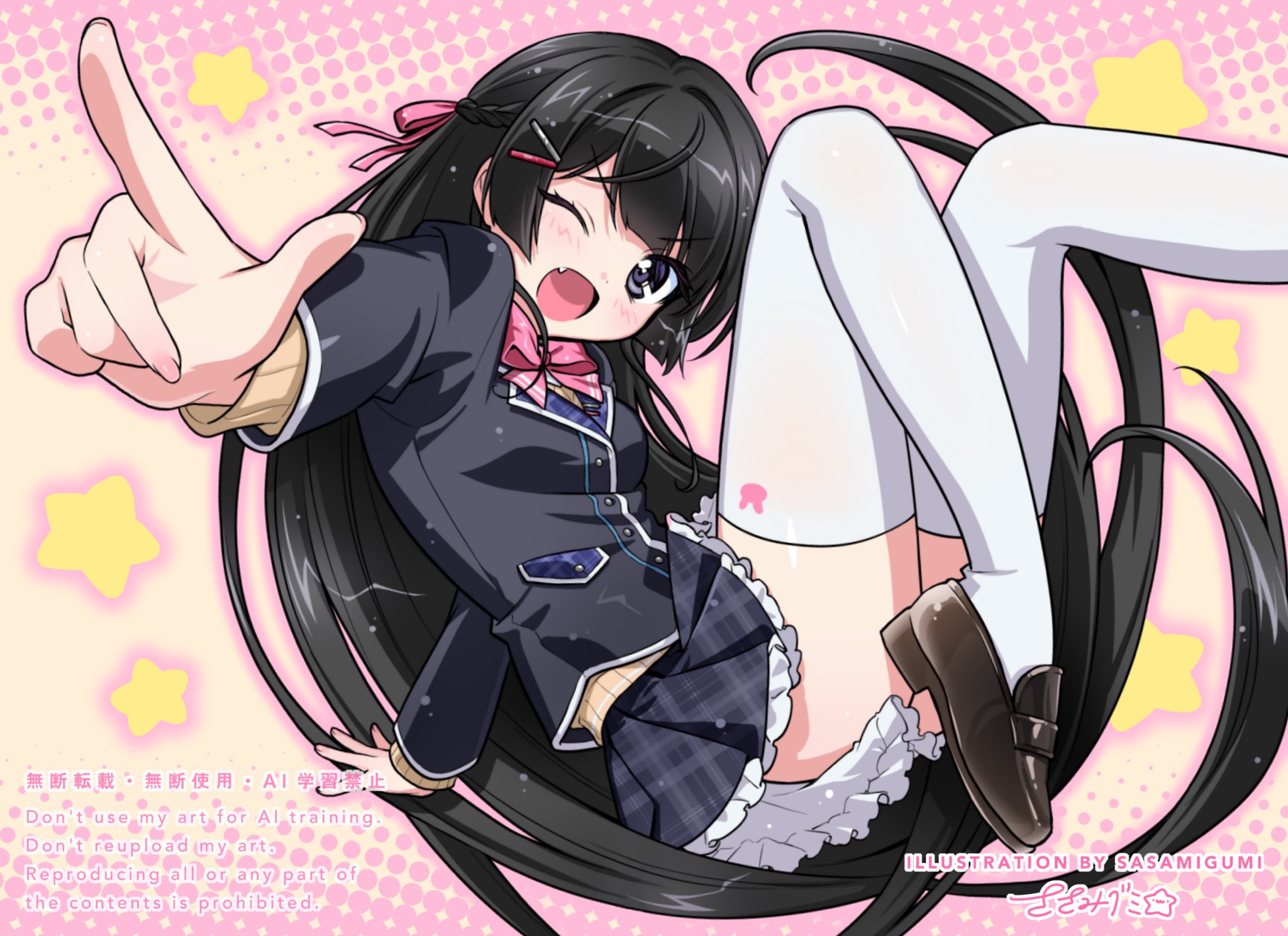 sasamigumi, tsukino mito, tsukino mito (1st costume), nijisanji, highres, 1girl, black hair, black jacket, black skirt, bow, bowtie, brown shoes, cardigan, fang, frilled skirt, frills, full body, hair ornament, hair ribbon, hairclip, index finger raised, jacket, loafers, long hair, looking at viewer, miniskirt, one eye closed, open mouth, pink bow, pink bowtie, ribbon, school uniform, shoes, skirt, smile, solo, thighhighs, very long hair, virtual youtuber, white thighhighs, yellow cardigan
