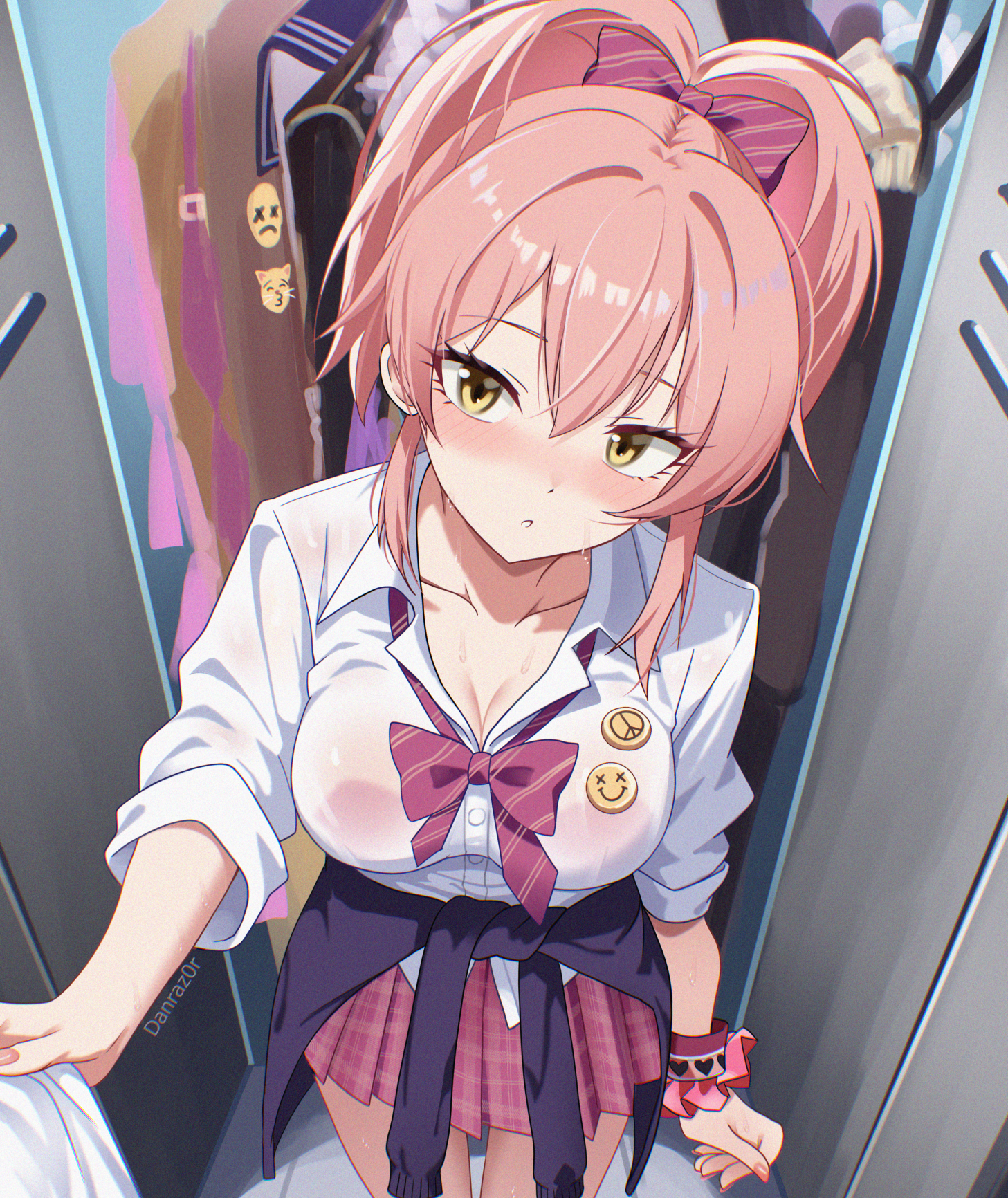 danraz0r, jougasaki mika, idolmaster, idolmaster cinderella girls, commentary, highres, 1girl, 1other, badge, black cardigan, blush, bow, bowtie, breasts, button badge, cardigan, cardigan around waist, cleavage, clothes around waist, clothes grab, diagonal-striped bow, diagonal-striped bowtie, diagonal-striped clothes, gyaru, hair between eyes, head tilt, large breasts, locker, long hair, looking at viewer, miniskirt, pink bow, pink bowtie, pink hair, pink skirt, pleated skirt, ponytail, pov, school uniform, scrunchie, shirt, shirt grab, skirt, sleeves rolled up, striped bow, striped bowtie, striped clothes, sweat, white shirt, wrist scrunchie, yellow eyes