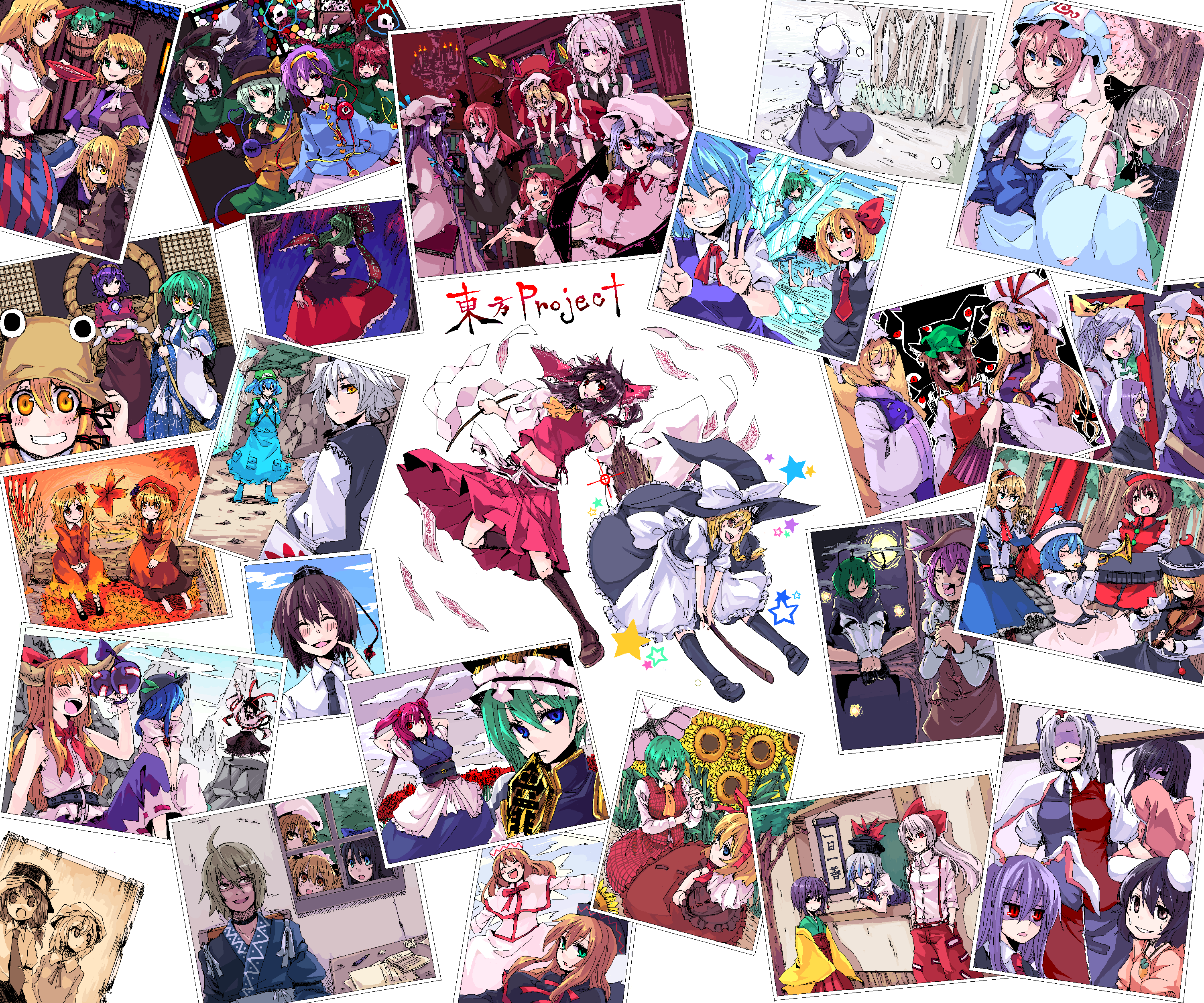 tadano kagekichi, aki minoriko, aki shizuha, alice margatroid, chen, cirno, daiyousei, flandre scarlet, fujiwara no mokou, hakurei reimu, hieda no akyuu, hinanawi tenshi, hong meiling, hoshiguma yuugi, houraisan kaguya, ibuki suika, inaba tewi, inubashiri momiji, izayoi sakuya, kaenbyou rin, kagiyama hina, kamishirasawa keine, kawashiro nitori, kazami yuuka, kirisame marisa, kisume, koakuma, kochiya sanae, komeiji koishi, komeiji satori, konpaku youmu, konpaku youmu (ghost), kurodani yamame, letty whiterock, lily black, lily white, luna child, lunasa prismriver, lyrica prismriver, maribel hearn, medicine melancholy, merlin prismriver, mizuhashi parsee, morichika rinnosuke, moriya suwako, mystia lorelei, nagae iku, onozuka komachi, patchouli knowledge, reisen udongein inaba, reiuji utsuho, remilia scarlet, rumia, saigyouji yuyuko, shameimaru aya, shanghai doll, shiki eiki, star sapphire, sunny milk, usami renko, watatsuki no toyohime, watatsuki no yorihime, wriggle nightbug, yagokoro eirin, yakumo ran, yakumo yukari, yasaka kanako, ghostly field club, touhou, silver hair, absurdres, highres, 1boy, 6+girls, absolutely everyone, alcohol, animal ears, antennae, arm cannon, artistic error, ascot, backpack, bag, black eyes, black hair, blonde hair, blue eyes, blue hair, blush, book, bookshelf, bow, box, braid, broom, brown eyes, brown hair, bucket, cape, carrot, cat ears, closed eyes, coin, cross, desk, detached sleeves, doll, donation box, dual persona, earrings, eating, everyone, fairy wings, fang, flower, fox tail, frills, from behind, front ponytail, gap (touhou), gem, ghost, glasses, gohei, green eyes, green hair, hair bobbles, hair bow, hair ornament, hair ribbon, hand fan, hat, hat bow, horns, ice, in bucket, in container, instrument, jaggy lines, jewelry, key, keyboard (instrument), leaf, long hair, mirror, moon, multicolored hair, multiple girls, one eye closed, open mouth, orange eyes, orange hair, outstretched arms, pink hair, plaid clothes, plaid skirt, plaid vest, purple eyes, purple hair, rabbit ears, red eyes, red hair, ribbon, rod of remorse, rope, sake, shawl, short hair, shrine, side ponytail, single horn, skirt, skirt set, skull, smile, star (symbol), sunflower, tail, third eye, tokin hat, tree, trumpet, twintails, two-tone hair, two side up, umbrella, vest, violin, weapon, wings, yellow eyes