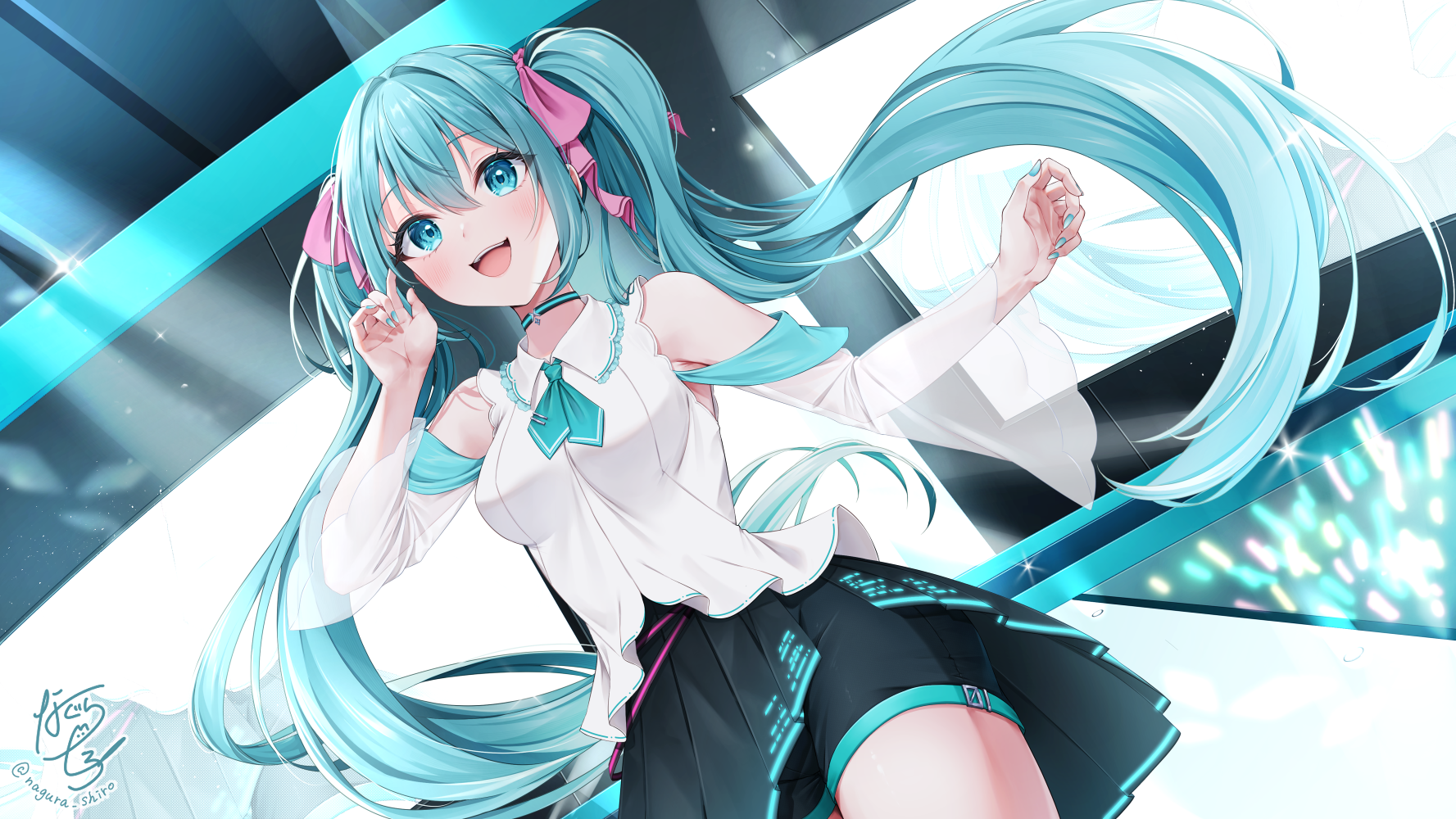 nagura shiro, hatsune miku, vocaloid, highres, 1girl, applying manicure, aqua eyes, aqua hair, aqua nails, aqua trim, black shorts, black skirt, blush, breasts, collared shirt, detached sleeves, hair between eyes, hair ornament, long hair, long sleeves, medium breasts, nail polish, open mouth, pleated skirt, see-through clothes, see-through sleeves, shirt, shorts, shorts under skirt, signature, skirt, sleeveless, sleeveless shirt, smile, solo, twintails, very long hair, white shirt