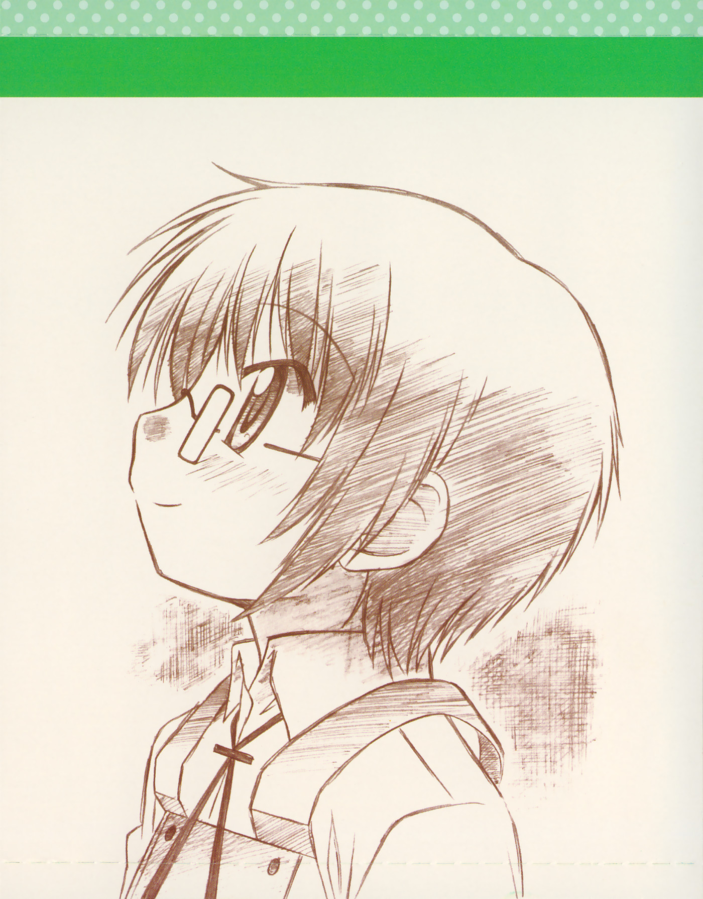 sae (hidamari sketch), hidamari sketch, highres, non-web source, official art, scan, 00s, 1girl, blue eyes, blue hair, blush, brown theme, cover, female focus, glasses, looking up, matching hair/eyes, monochrome, short hair, sketch, smile, solo