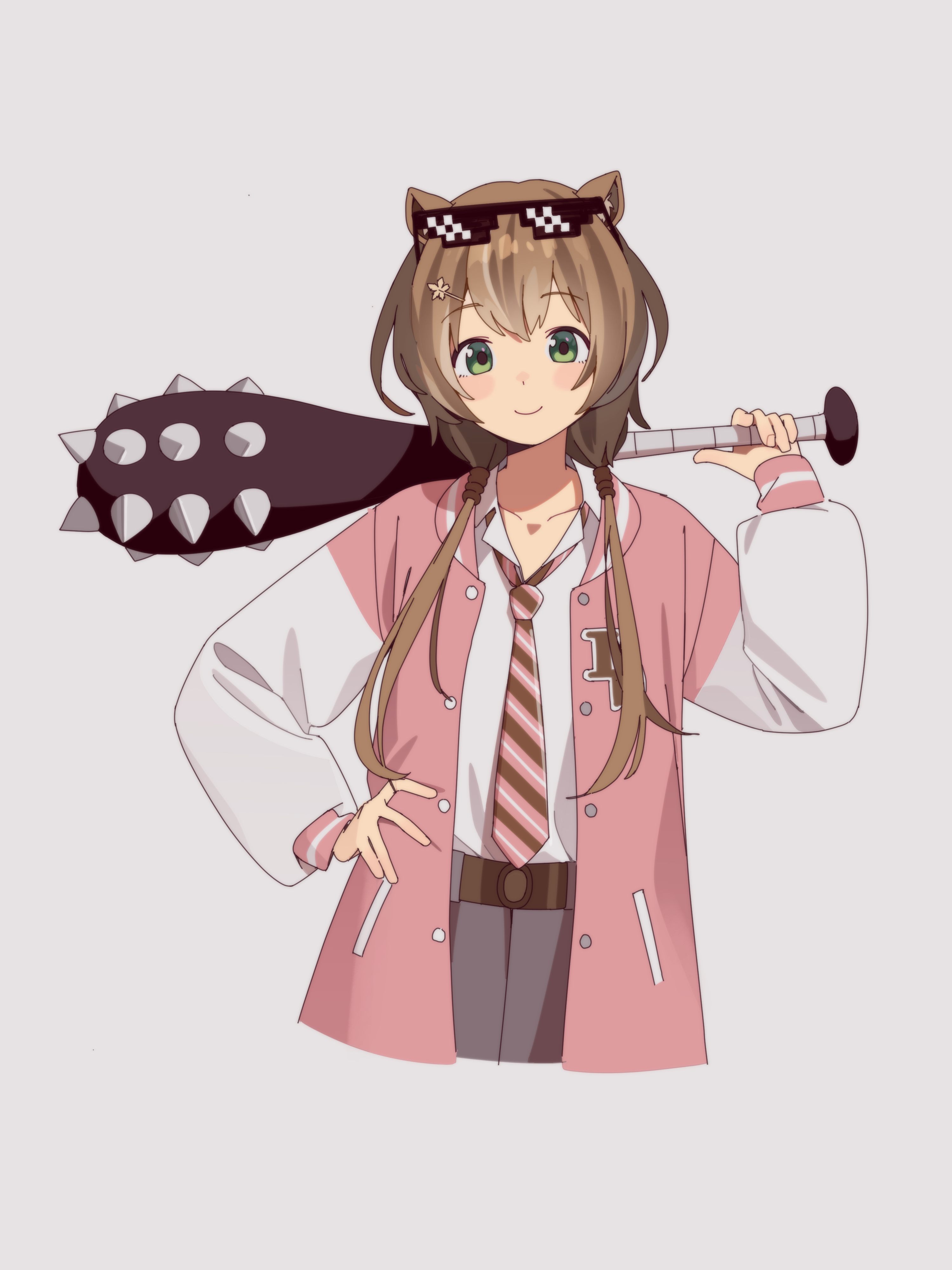 mendako (wjkgreat), ayunda risu, hololive, hololive indonesia, absurdres, commentary, highres, symbol-only commentary, 1girl, animal ears, brown hair, club, club (weapon), cropped torso, deal with it (meme), eyewear on head, green eyes, grey background, hair ornament, hand on own hip, jacket, long hair, long sleeves, looking at viewer, low twintails, meme, necktie, open clothes, open jacket, over shoulder, pink jacket, shirt, simple background, smile, solo, spiked club, squirrel ears, squirrel girl, striped necktie, sunglasses, twintails, virtual youtuber, weapon, weapon over shoulder, white shirt