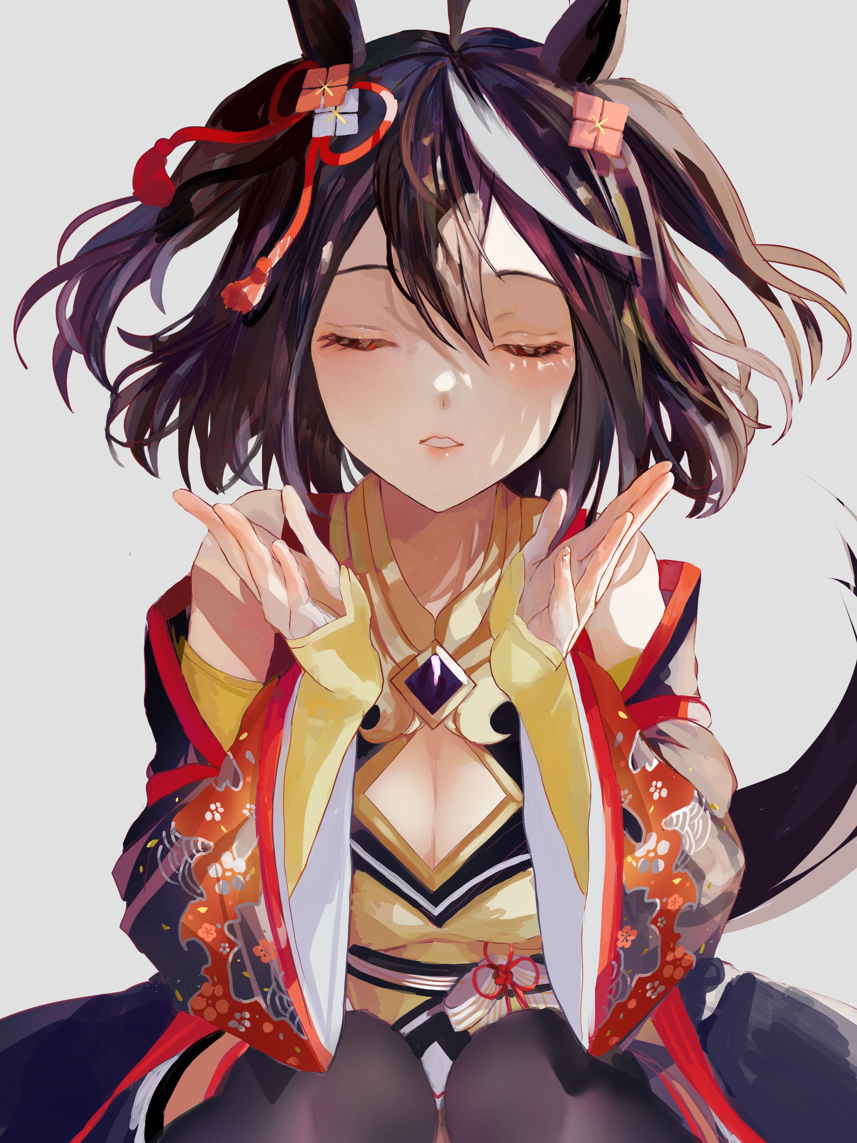 kikinoki, kitasan black (umamusume), umamusume, absurdres, highres, 1girl, ahoge, animal ears, bare shoulders, black hair, black kimono, black thighhighs, bow, breasts, cleavage, cleavage cutout, closed eyes, clothing cutout, ear ornament, ear ribbon, green shirt, hair between eyes, hair ornament, hands up, horse ears, horse girl, horse tail, japanese clothes, kimono, long sleeves, multicolored hair, parted lips, red kimono, red ribbon, ribbon, shirt, simple background, solo, streaked hair, tail, thighhighs, white background, white hair