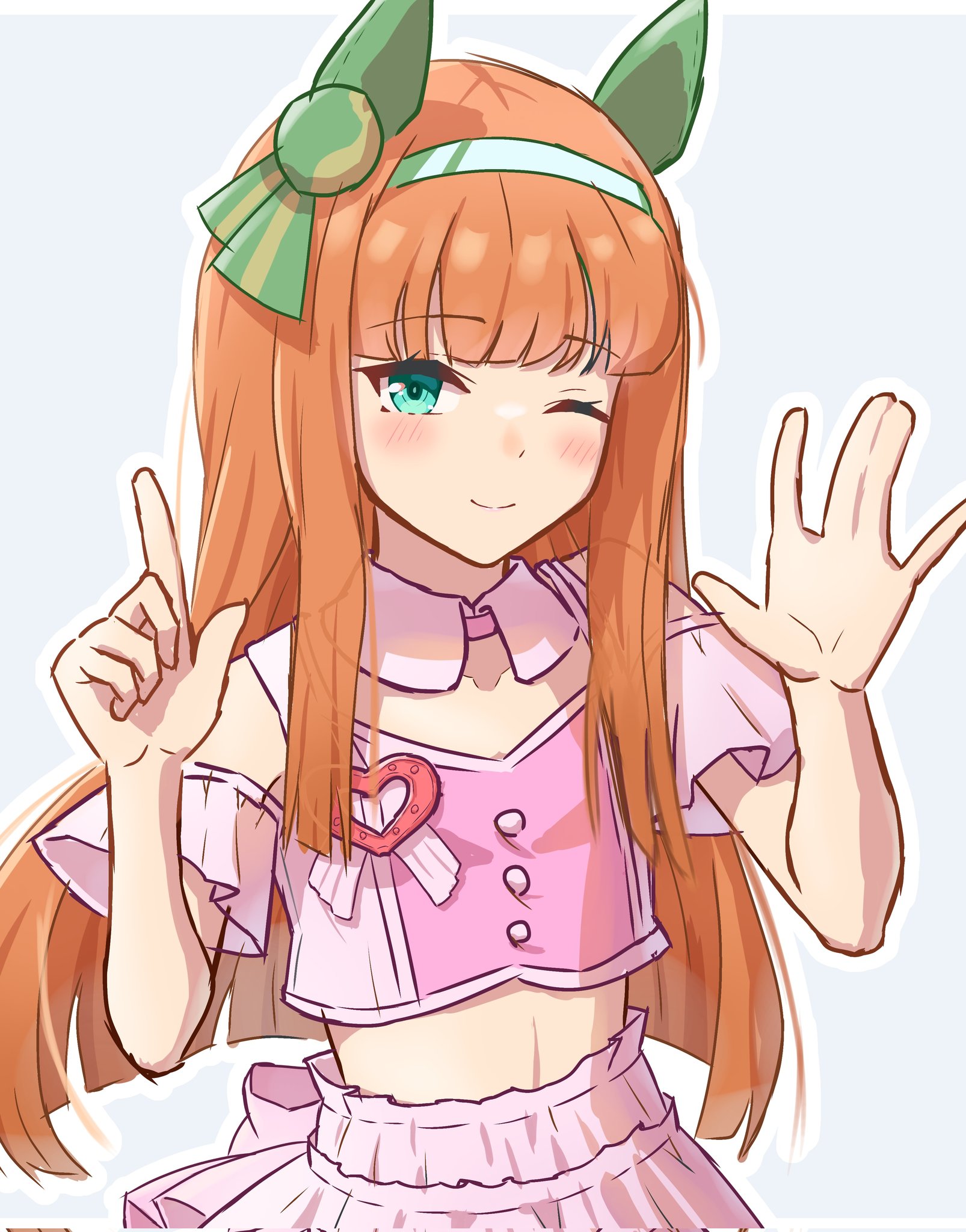 taro yokayoka, silence suzuka (umamusume), umamusume, highres, 1girl, animal ears, blue eyes, blunt bangs, blush, bow, closed mouth, clothing cutout, cropped shirt, ear bow, ear covers, ear ornament, ear ribbon, green eyes, hair ornament, hairband, hime cut, horse ears, horse girl, long hair, looking at viewer, meni shuki rush-sshu!, midriff, one eye closed, orange hair, pink shirt, pink skirt, shirt, shoulder cutout, simple background, skirt, smile, solo, upper body, white hairband