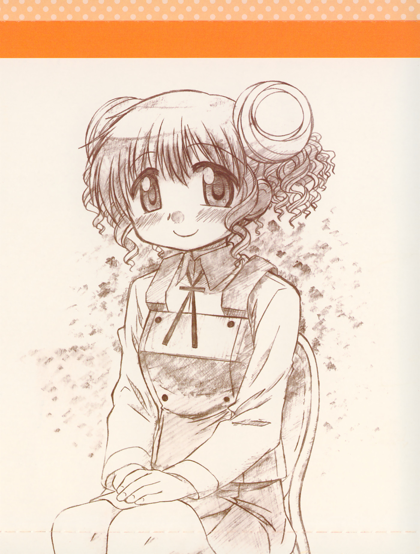 hiro (hidamari sketch), hidamari sketch, highres, non-web source, official art, scan, 00s, 1girl, blush, brown theme, chair, character single, double bun, female focus, hair bun, looking at viewer, monochrome, red eyes, red hair, school uniform, sketch, smile, solo, yamabuki high school uniform