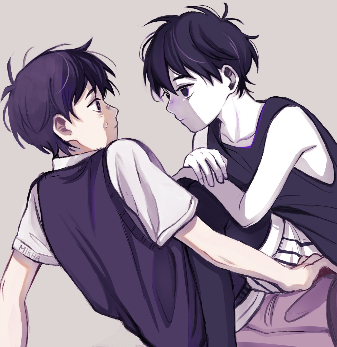 mikhamii, omori (omori), sunny (omori), omori, commentary, highres, symbol-only commentary, 2boys, antenna hair, artist name, bags under eyes, bare arms, bare shoulders, black eyes, black hair, black sweater vest, black tank top, black thighhighs, boy on top, bright pupils, brown shorts, closed mouth, collarbone, collared shirt, colored skin, cowboy shot, dual persona, empty eyes, expressionless, eye contact, face-to-face, feet out of frame, fingernails, from side, grey background, hair behind ear, hair between eyes, looking at another, male focus, multiple boys, no pupils, own hands together, profile, shirt, short hair, short sleeves, shorts, simple background, sitting, striped clothes, striped shorts, surprised, sweatdrop, sweater vest, tank top, thighhighs, two-tone shorts, vertical-striped clothes, vertical-striped shorts, very short hair, white pupils, white shirt, white skin