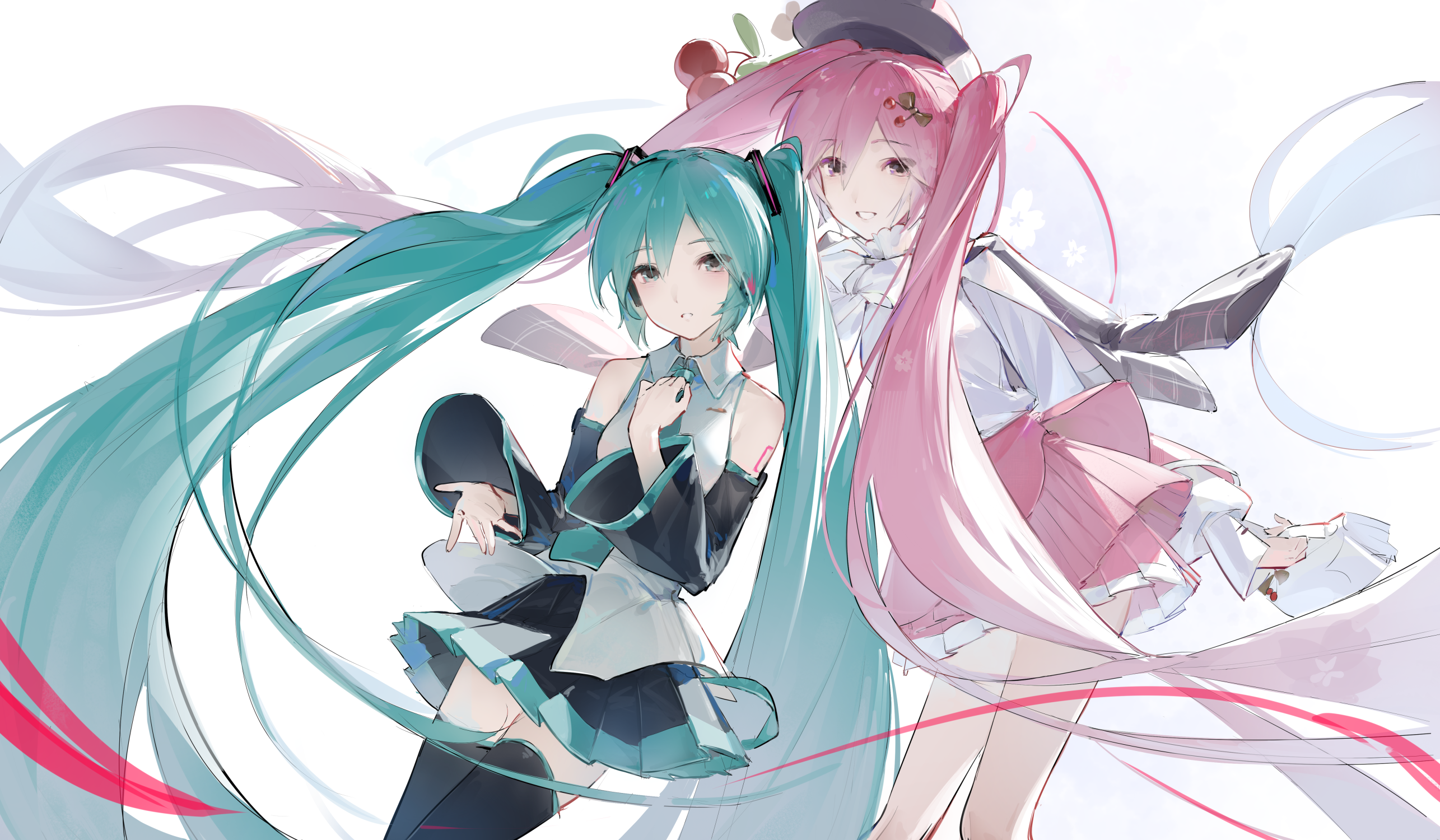 tlseone, hatsune miku, sakura miku, sakura miku (rella), vocaloid, commentary, highres, symbol-only commentary, 2girls, absurdly long hair, aqua eyes, aqua hair, aqua necktie, aqua trim, arm tattoo, bag, black skirt, cherry hair ornament, collared shirt, detached sleeves, dual persona, food-themed hair ornament, hair between eyes, hair ornament, hand on own chest, handbag, holding, holding bag, long hair, long sleeves, looking at viewer, multiple girls, necktie, parted lips, pink eyes, pink hair, pink skirt, pleated skirt, shirt, simple background, skirt, sleeveless, sleeveless shirt, smile, tattoo, thighhighs, twintails, very long hair, white background, white shirt, zettai ryouiki
