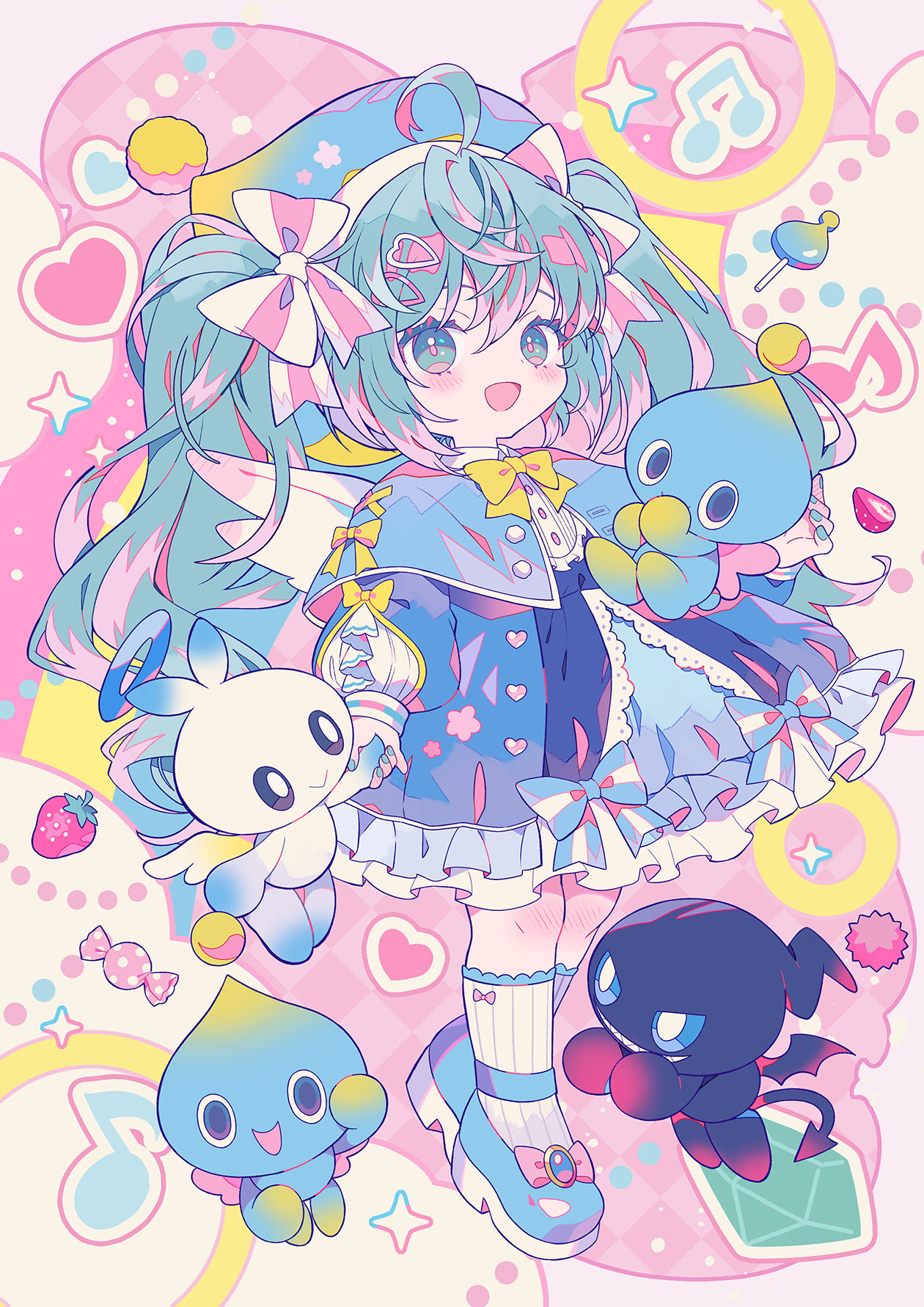 yumenouchi chiharu, chao (sonic), dark chao, hatsune miku, hero chao, neutral chao, sonic (series), sonic racing: crossworlds, vocaloid, highres, official art, second-party source, 1girl, :>, :d, aged down, ahoge, aqua capelet, aqua eyes, aqua hair, aqua nails, aqua skirt, black sclera, black skin, blue coat, blue dress, blue eyes, blue halo, blue hat, blue sclera, blue shoes, blue sleeves, blush, bow, butterfly wings, buttons, candy, capelet, capelet bow, closed mouth, coat, collared shirt, colored eyelashes, colored sclera, colored skin, creature, cross-laced capelet, cross-laced clothes, crossed bangs, crossover, dress, eighth note, evil grin, evil smile, flower, food, frilled coat, frilled dress, frills, fruit, full body, grin, hair between eyes, hair bow, hair ornament, hairclip, halo, hat, hat ornament, heart, heart button, heart hair ornament, holding hands, horizontal-striped clothes, horizontal-striped sleeve cuffs, insect wings, lollipop, long hair, long sleeves, looking at viewer, musical note, nail polish, open clothes, open coat, open mouth, pastel colors, pinafore dress, pink bow, pink flower, pink wings, pom pom (clothes), pom pom hat ornament, project onsoku, puff and slash sleeves, puffy coat, puffy long sleeves, puffy sleeves, sharp teeth, shirt, shoes, sidelocks, skirt, sleeveless, sleeveless dress, smile, socks, solo, sparkle, strawberry, striped clothes, striped sleeve cuffs, striped socks, teeth, tongue, twintails, two-tone bow, two-tone sleeve cuffs, vertical-striped clothes, vertical-striped socks, very long hair, wavy hair, white bow, white eyes, white shirt, white skin, white sleeve cuffs, white sleeves, white socks, white wings, wing collar, wings, wrapped candy, yellow bow, yellow hat