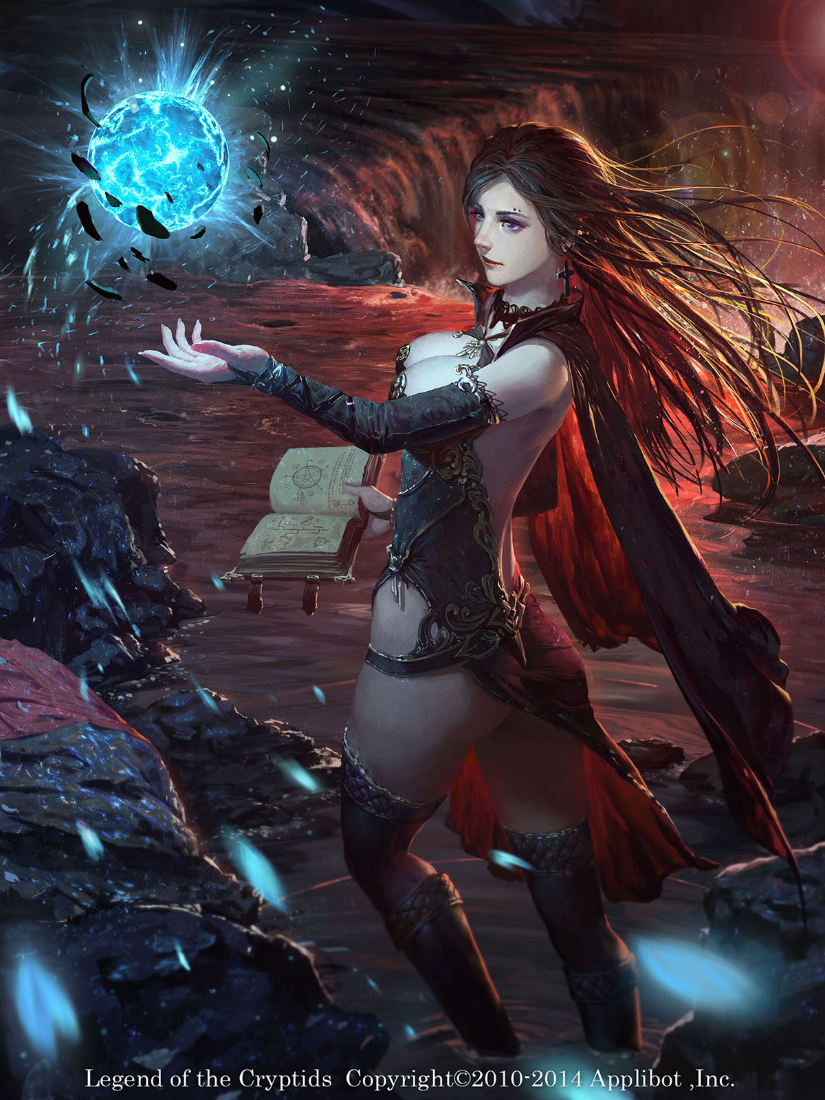 rui li, legend of the cryptids, highres, blue eyes, book, breasts, brown hair, cleavage, earrings, eyebrow piercing, face piercing, holding, holding book, jewelry, long hair, magic, piercing, red hair, water, waterfall