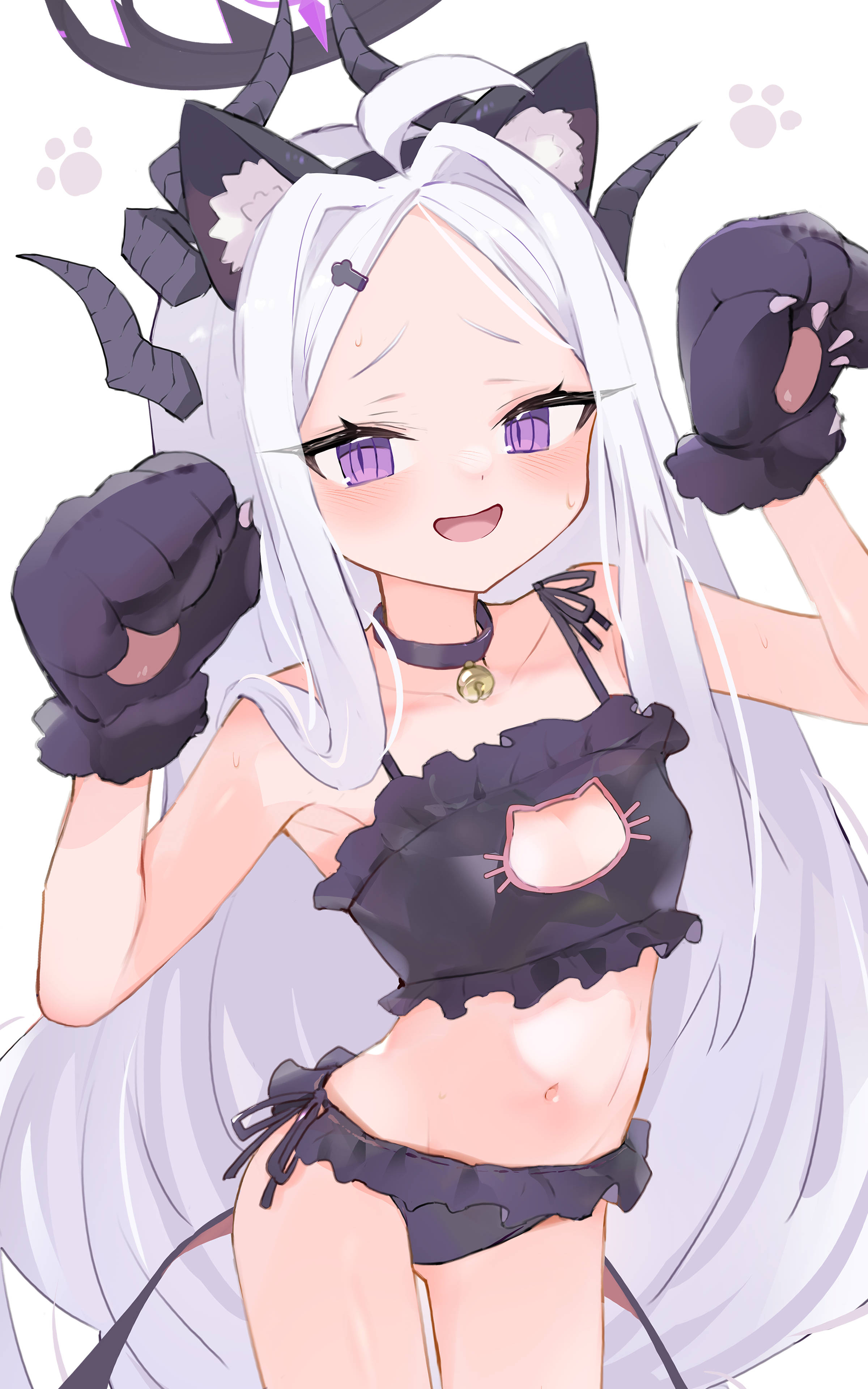 ura ra1800, hina (blue archive), blue archive, absurdres, commentary request, highres, 1girl, :d, ahoge, alternate costume, animal ears, animal hands, armpits, bell, belt collar, black gloves, black halo, breasts, cat ears, cat lingerie, cleavage, collar, collarbone, cowboy shot, demon girl, demon horns, demon wings, fake animal ears, forehead, gloves, gluteal fold, hair ornament, hairclip, halo, horns, long hair, looking at viewer, navel, neck bell, open mouth, parted bangs, paw gloves, paw pose, purple eyes, sidelocks, simple background, small breasts, smile, solo, spaghetti strap, standing, stomach, sweatdrop, wavy hair, white background, white hair, wings