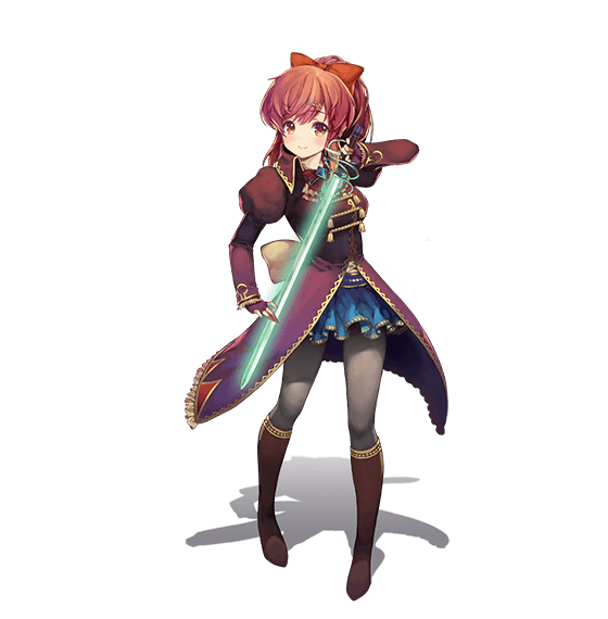 sakurai akane (girlfriend (kari)), girlfriend (kari), tenkuu no crystalia, artist request, official art, 1girl, blue eyes, blue skirt, boots, bow, brown boots, brown hair, coat, hair bow, looking at viewer, red bow, red coat, skirt, smile, sword, transparent background, weapon