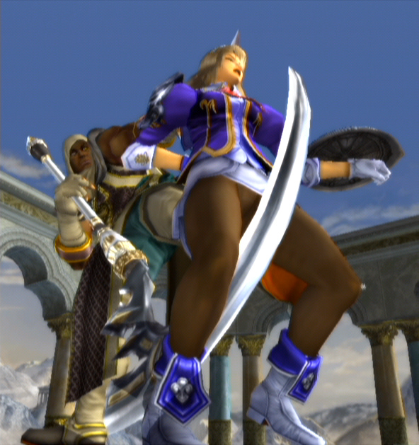 cassandra alexandra, zasalamel, soul calibur, soulcalibur, soulcalibur iii, screencap, 1boy, 1girl, panties, panties under pantyhose, pantyhose, pantyshot, scythe, underwear, upskirt