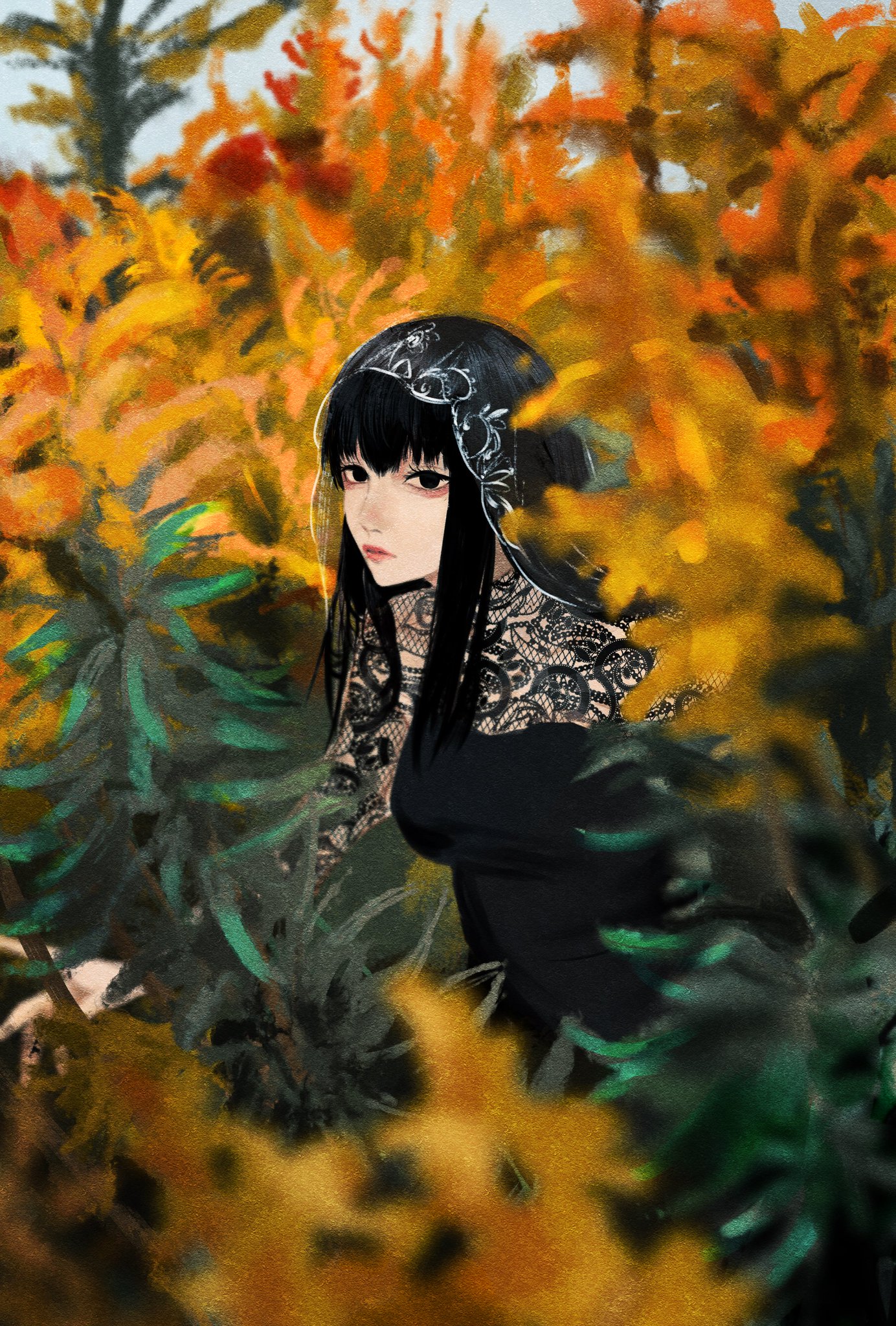 sonono71, osaragi (sakamoto days), sakamoto days, highres, 1girl, autumn leaves, black eyes, black hair, black veil, closed mouth, dress, lace-trimmed veil, lace dress, lace trim, leaf, long hair, long sleeves, plant, see-through clothes, see-through dress, solo, veil
