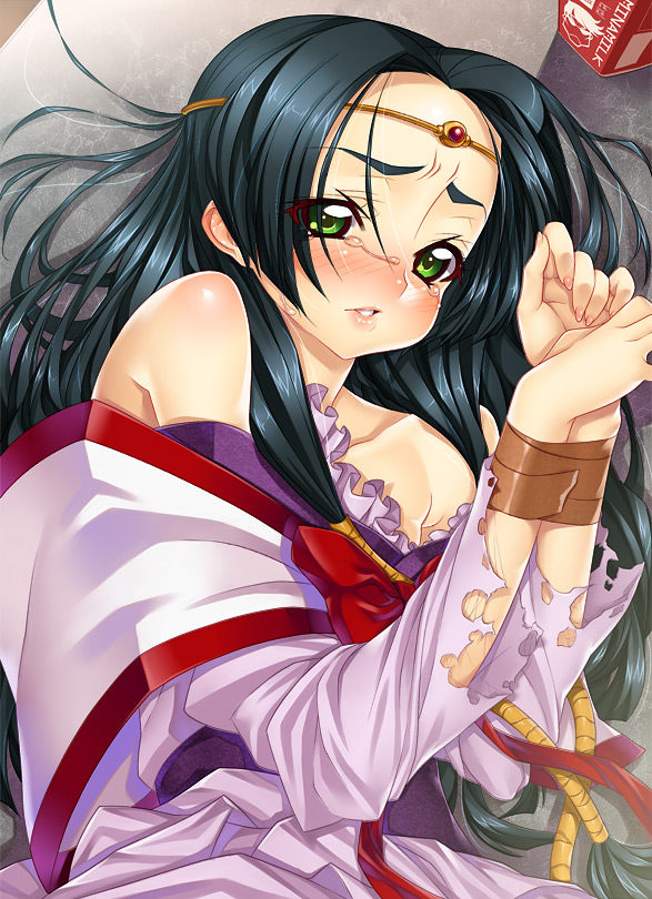 kink (tortoiseshell), sumeragi kaguya, code geass, 00s, 1girl, bare shoulders, bdsm, black hair, bondage, bound, bow, circlet, female focus, green eyes, long hair, red bow, solo, tape, tape bondage, tears, torn clothes