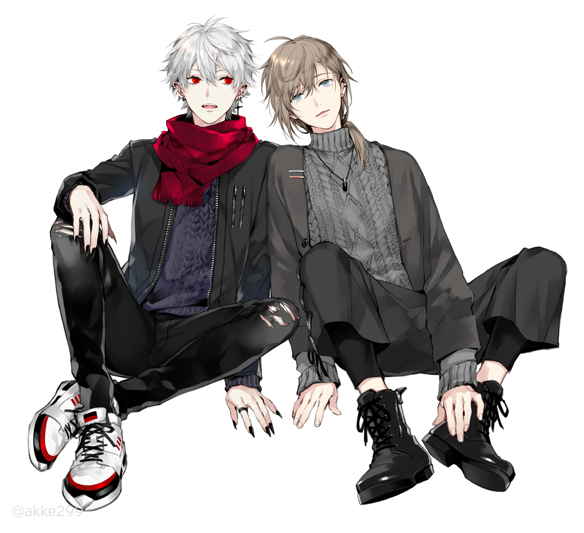 akke (akke299), kanae (8th costume) (nijisanji), kanae (nijisanji), kuzuha (5th costume) (nijisanji), kuzuha (nijisanji), nijisanji, official art, 2boys, :d, ahoge, aran sweater, black boots, black jacket, black nails, black pants, boots, brown hair, cable knit, cross, cross earrings, ear piercing, earrings, fangs, fingernails, fringe trim, full body, green eyes, grey jacket, grey sweater, hair between eyes, jacket, jewelry, lace-up boots, long fingernails, long hair, long sleeves, looking at viewer, low ponytail, male focus, mole, mole under eye, multiple boys, nail polish, necklace, open clothes, open jacket, open mouth, pants, parted lips, piercing, pointy ears, ponytail, purple sweater, red eyes, red nails, red scarf, ribbed sweater, ring, scarf, sharp fingernails, shoes, simple background, sitting, sleeves past wrists, smile, sneakers, sweater, teeth, torn clothes, torn pants, turtleneck, turtleneck sweater, vampire, virtual youtuber, white background, white hair, white shoes, zipper