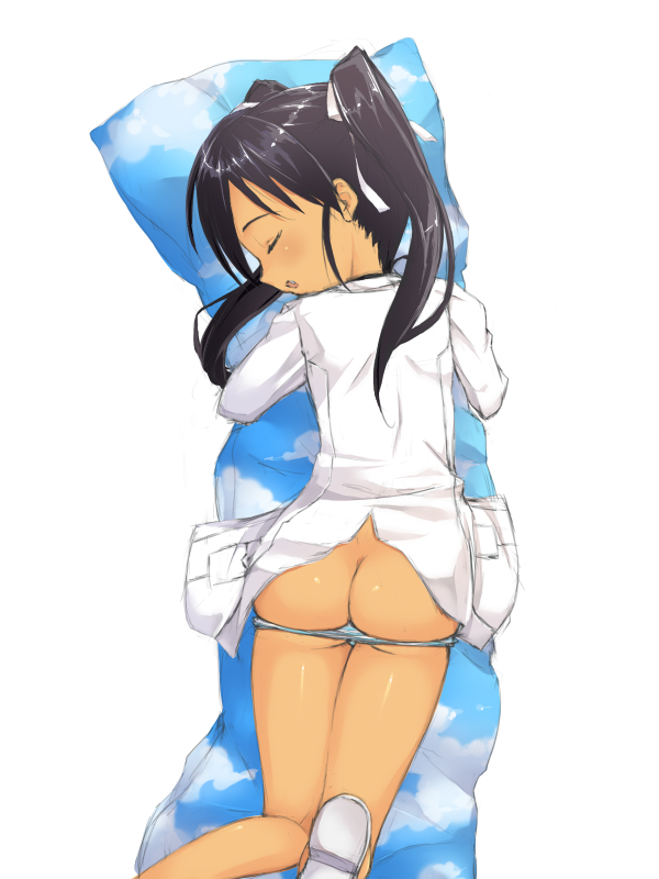 saku nya, francesca lucchini, strike witches, world witches series, bad id, bad pixiv id, 00s, 1girl, ass, black hair, female focus, loli, panties, panty pull, pillow, ribbon, sleeping, solo, twintails, underwear