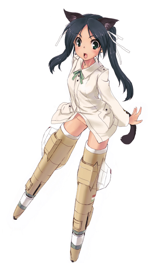 kirisato itsuki, francesca lucchini, strike witches, world witches series, bad id, bad pixiv id, 00s, 1girl, animal ears, black hair, female focus, no panties, ribbon, solo, striker unit, tail, twintails